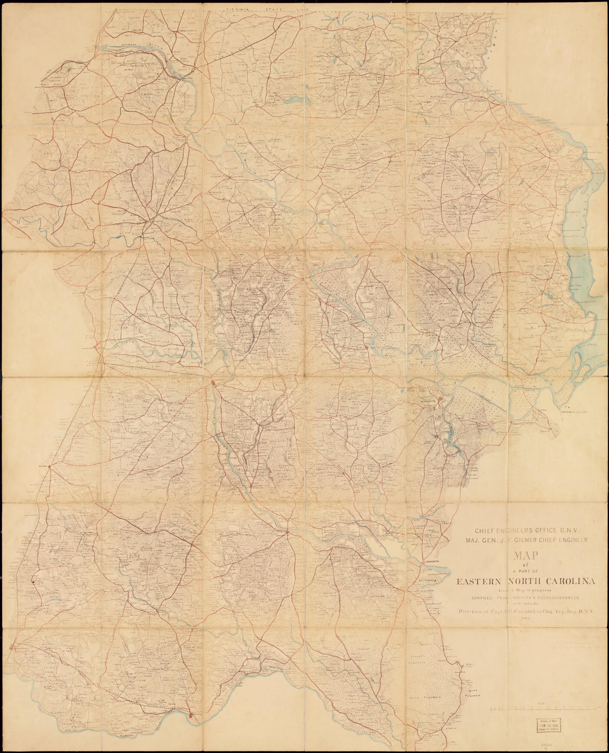 This old map of Map of a Part of Eastern North Carolina from a Map In Progress from 1864 was created by Albert H. (Albert Henry) Campbell in 1864