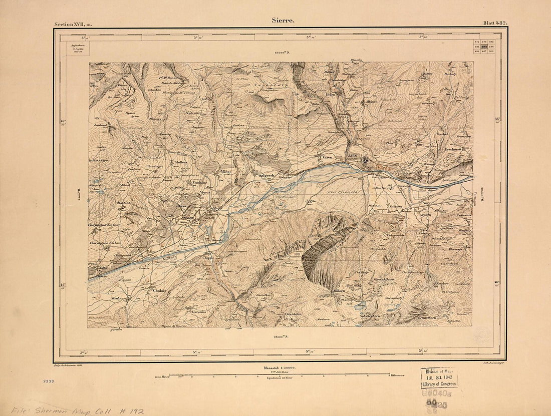 This old map of Sierre from 1886 was created by R. Leuzinger, Switzerland. Eidg. Landestopographie in 1886