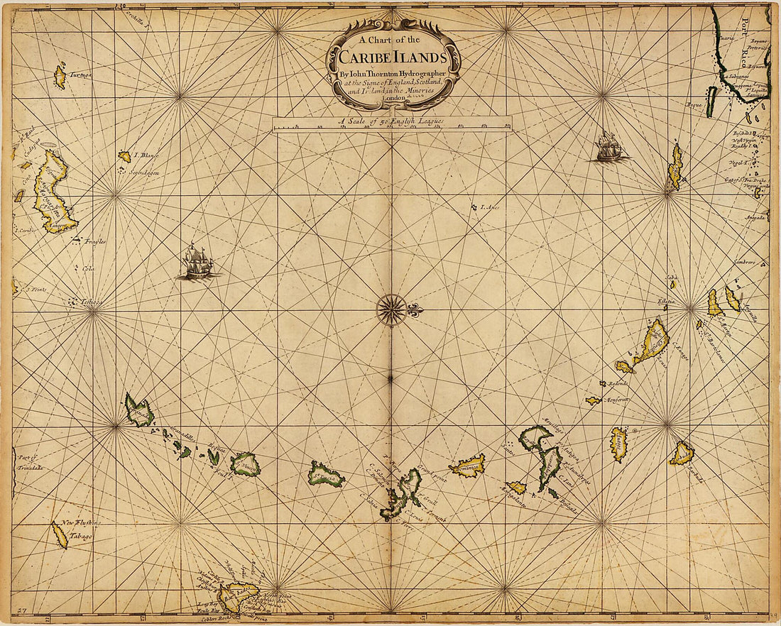 This old map of A Chart of the Caribe Ilands sic from 1680 was created by John Thornton in 1680