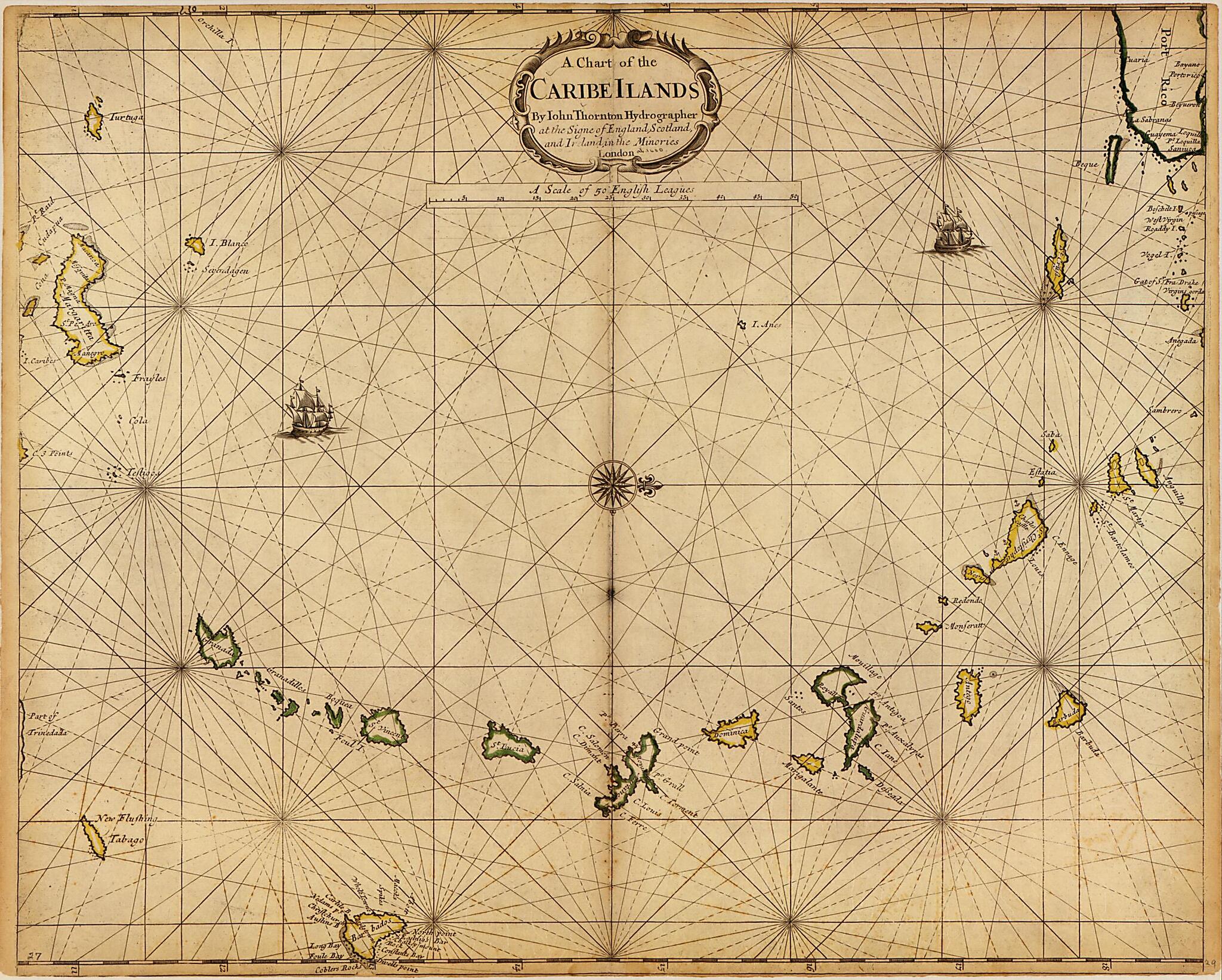 This old map of A Chart of the Caribe Ilands sic from 1680 was created by John Thornton in 1680