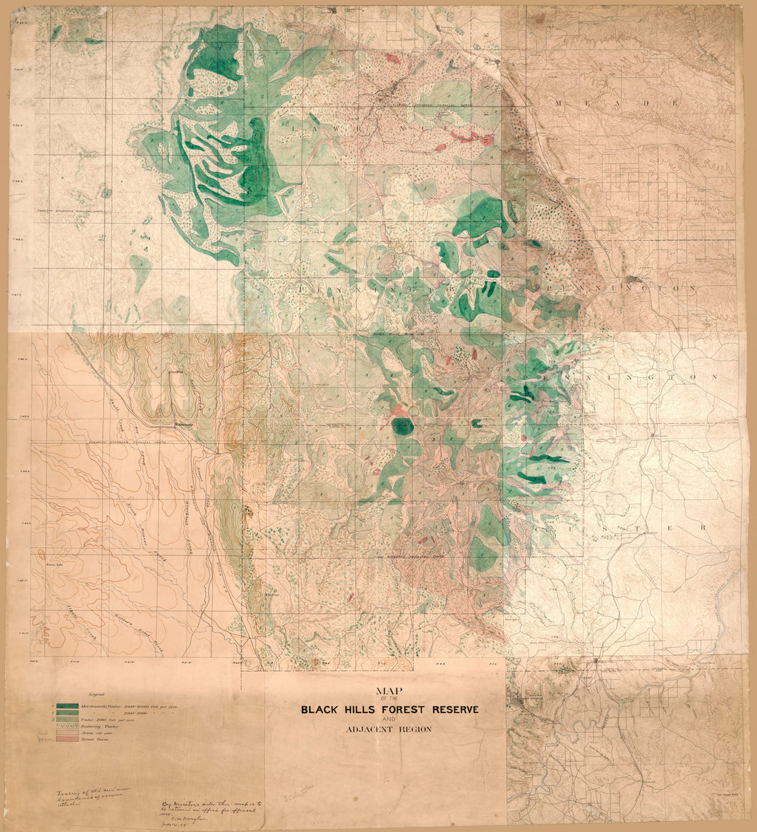 This old map of Map of the Black Hills Forest Reserve and Adjacent Region. (Black Hills Reserve, Timber Map) from 1897 was created by Edward Morehouse Douglas, Geological Survey (U.S.) in 1897