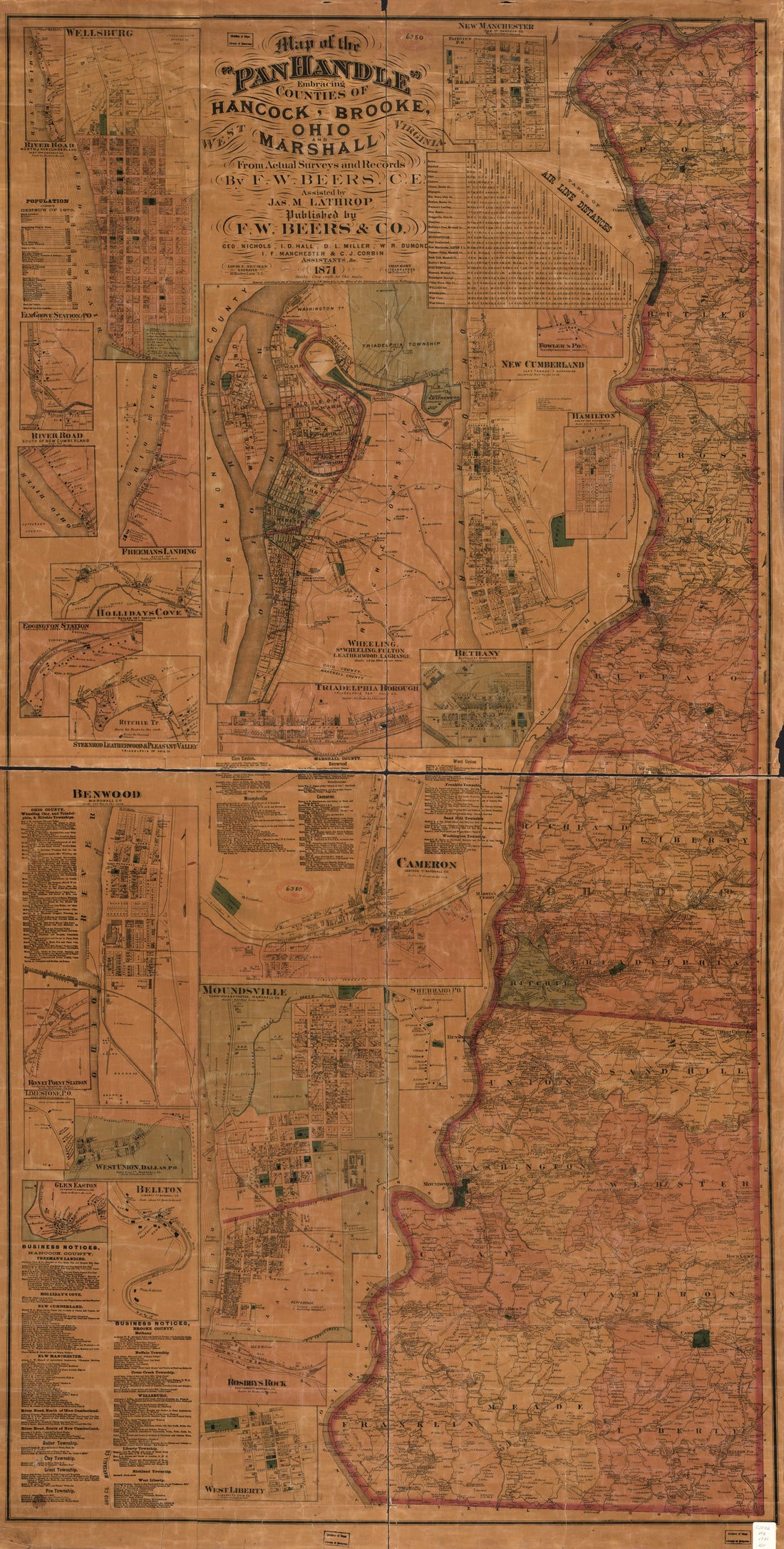 This old map of Map of the Panhandle Embracing Counties of Hancock, Brooke, Ohio and Marshall, West Virginia from 1871 was created by F.W. Beers & Co, J. M. (James M.) Lathrop in 1871