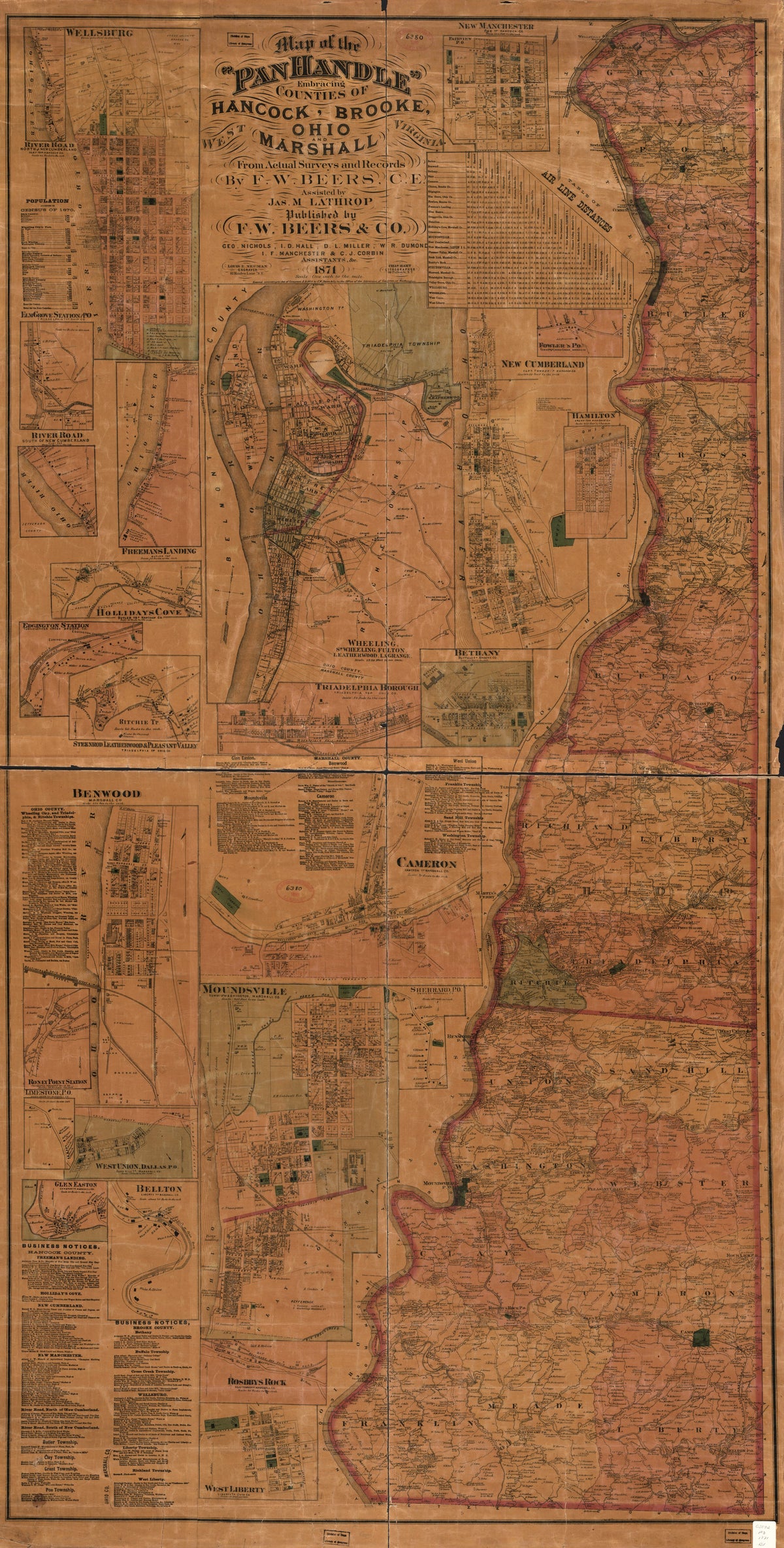 Map of the Panhandle Embracing Counties of Hancock, Brooke, Ohio and Marshall, West Virginia in 1871 by Relic Map Company