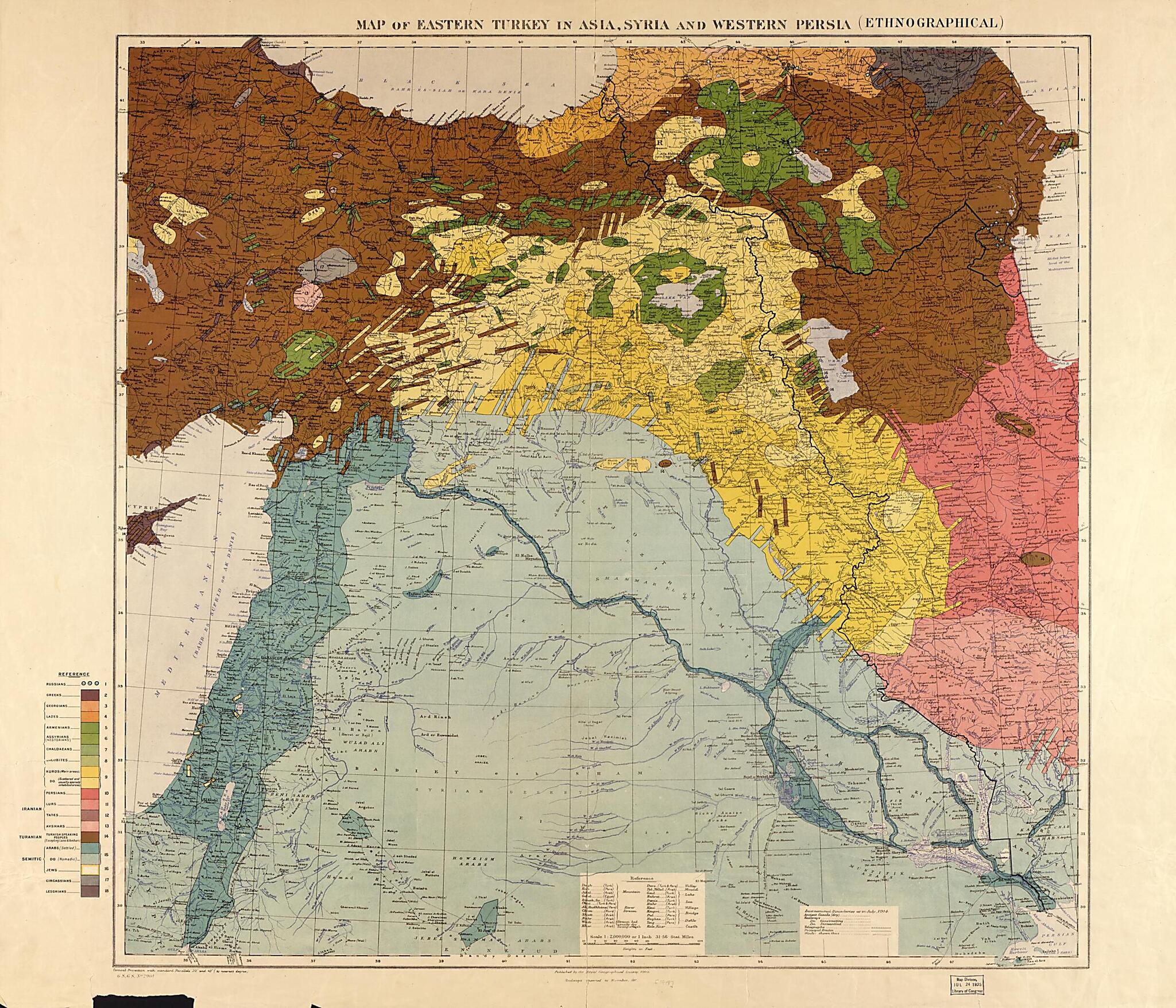 This old map of Map of Eastern Turkey In Asia, Syria and Western Persia (ethnographical) from 1917 was created by Royal Geographical Society (Great Britain) in 1917