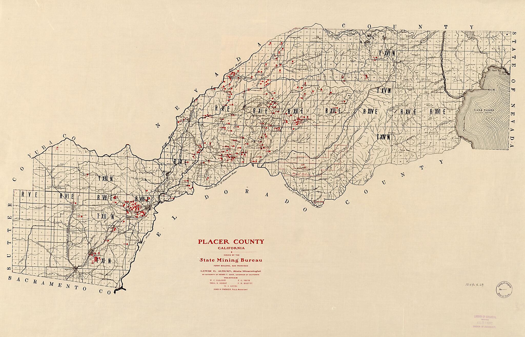 This old map of Placer County California from 1902 was created by California State Mining Bureau in 1902