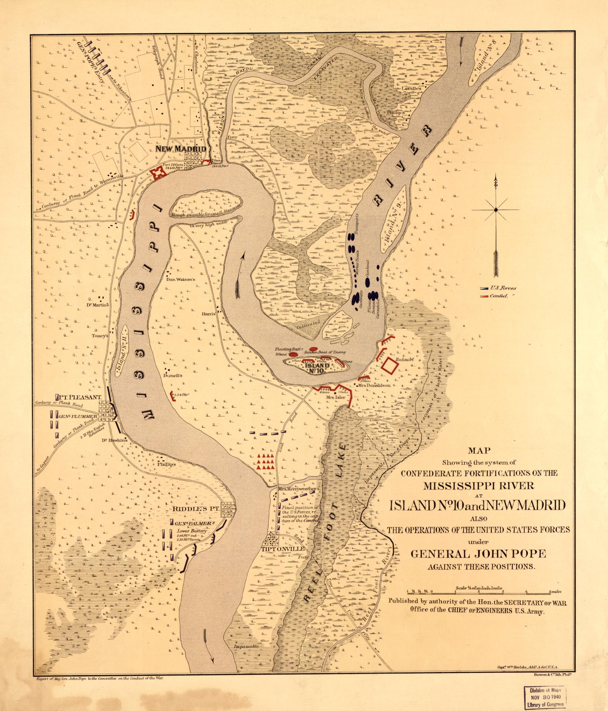This old map of Map Showing the System of Confederate Fortifications On the Mississippi River at Island No. 10 and New Madrid, Also the Operations of the United States Forces Under General John Pope, Against These Positions from 1862 was created by Wm Ho