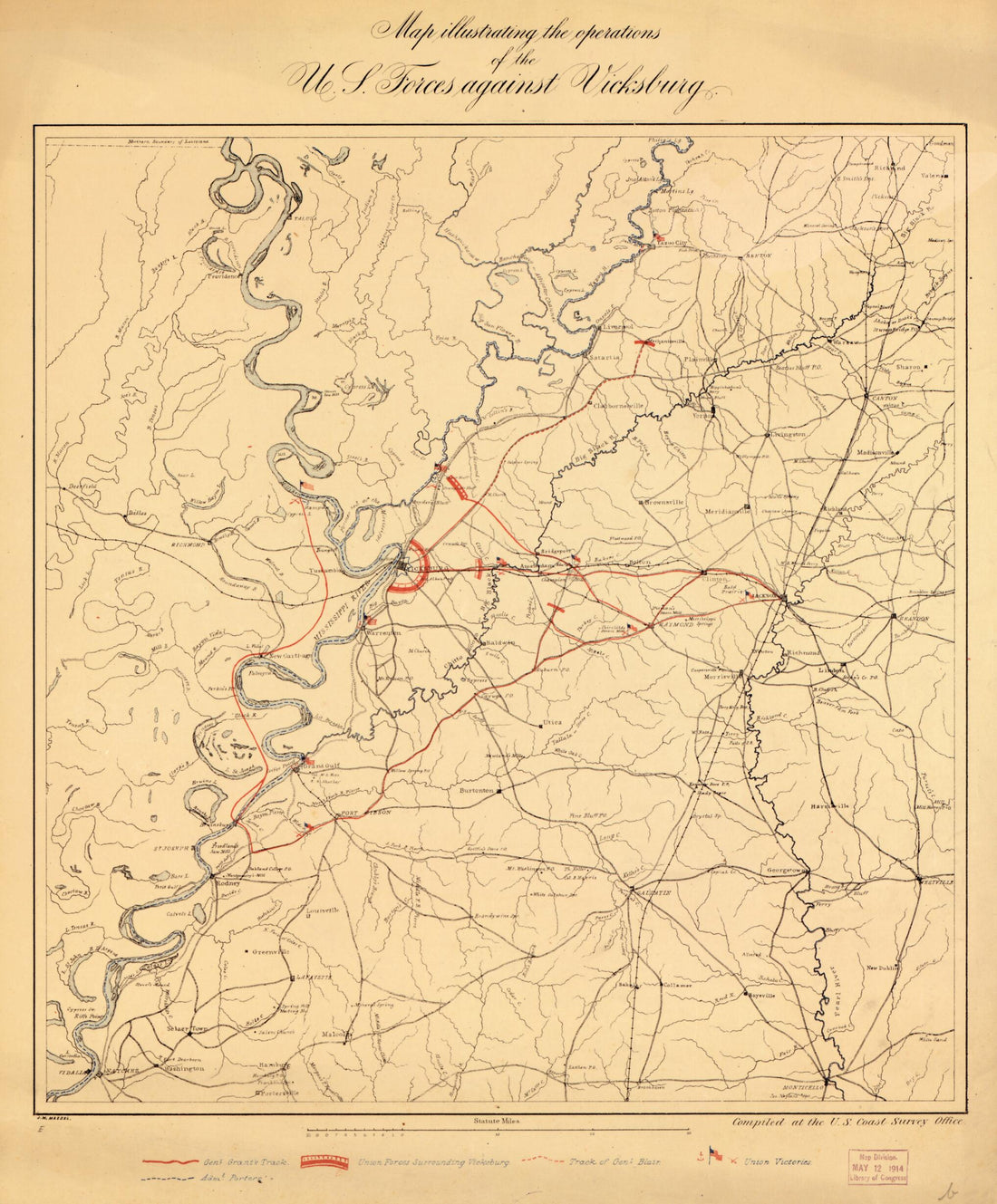 This old map of Map Illustrating the Operations of U.S. Forces Against Vicksburg from 1863 was created by J. W. Maedel, United States Coast Survey in 1863