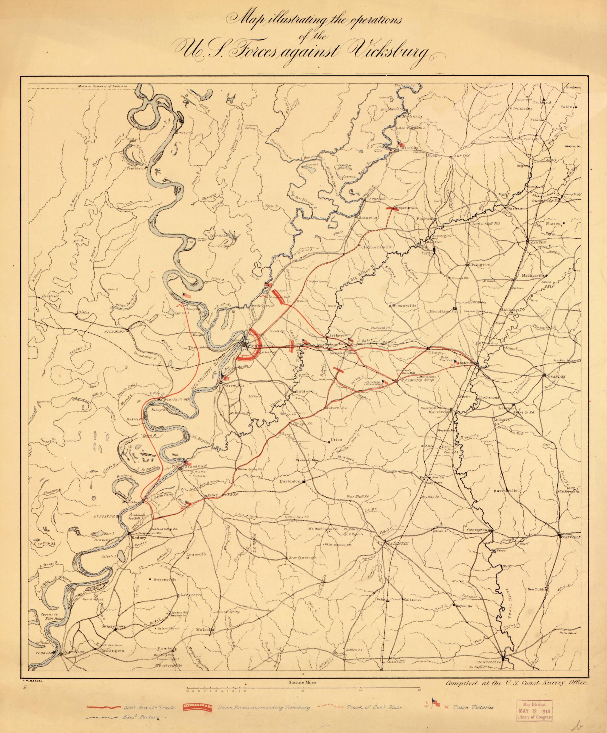 This old map of Map Illustrating the Operations of U.S. Forces Against Vicksburg from 1863 was created by J. W. Maedel, United States Coast Survey in 1863