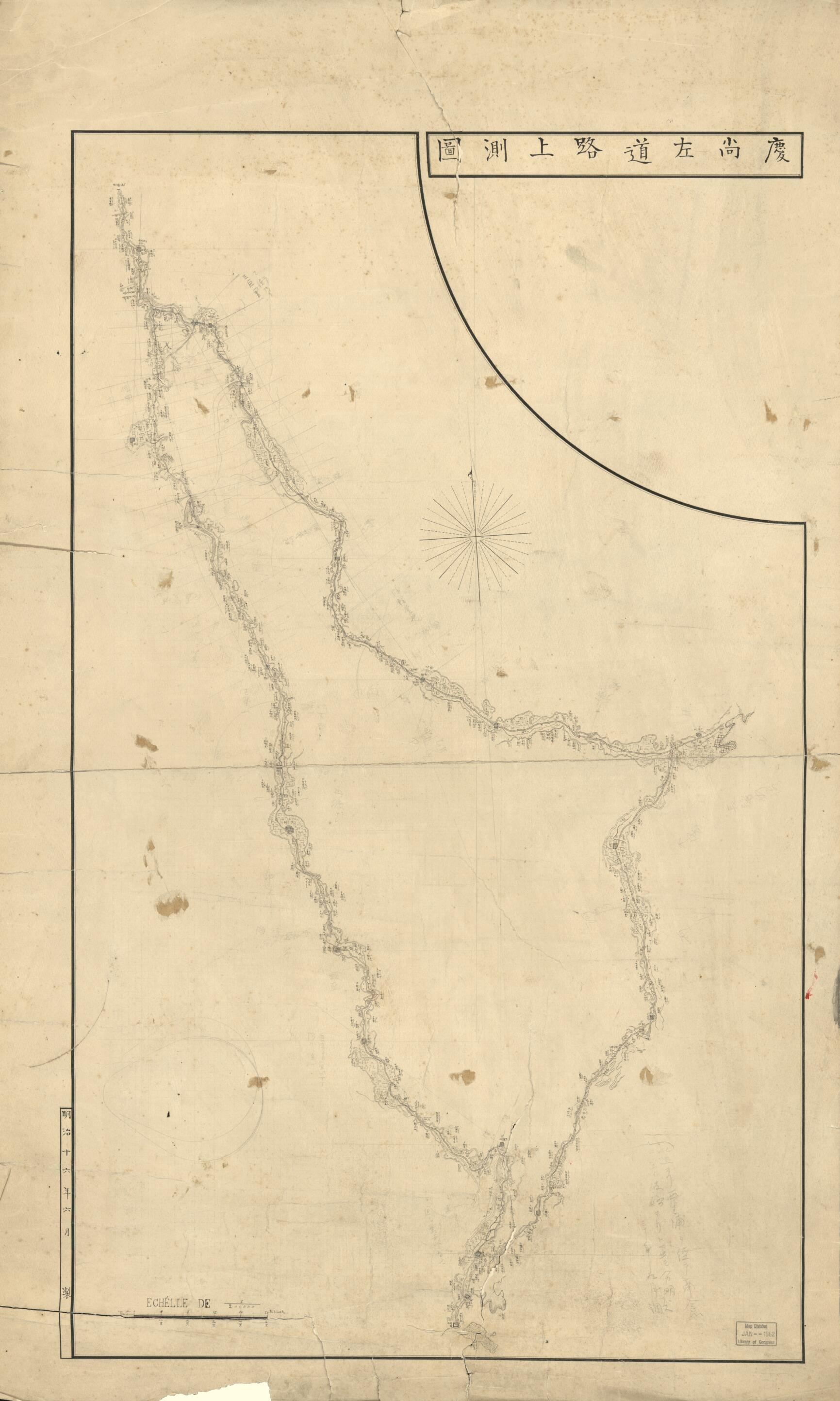 This old map of Keishō Sadō Rojō Sokuzu (慶尚左道路上測圖 /) from 1883 was created by Tetsutarō Watanabe in 1883
