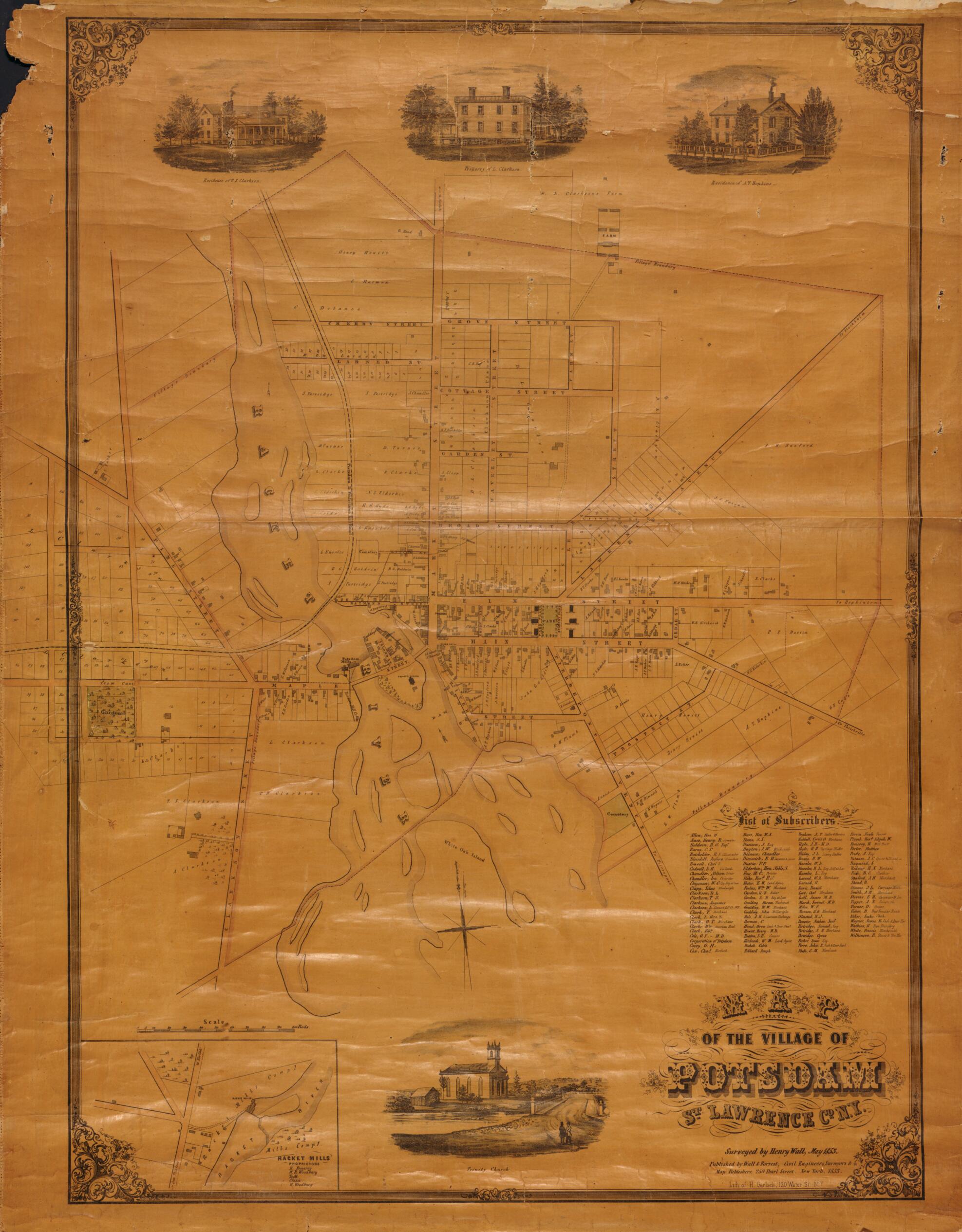 This old map of Map of the Village of Potsdam, St. Lawrence Co. New York from 1853 was created by Wall & Forrest, Henry Wall in 1853