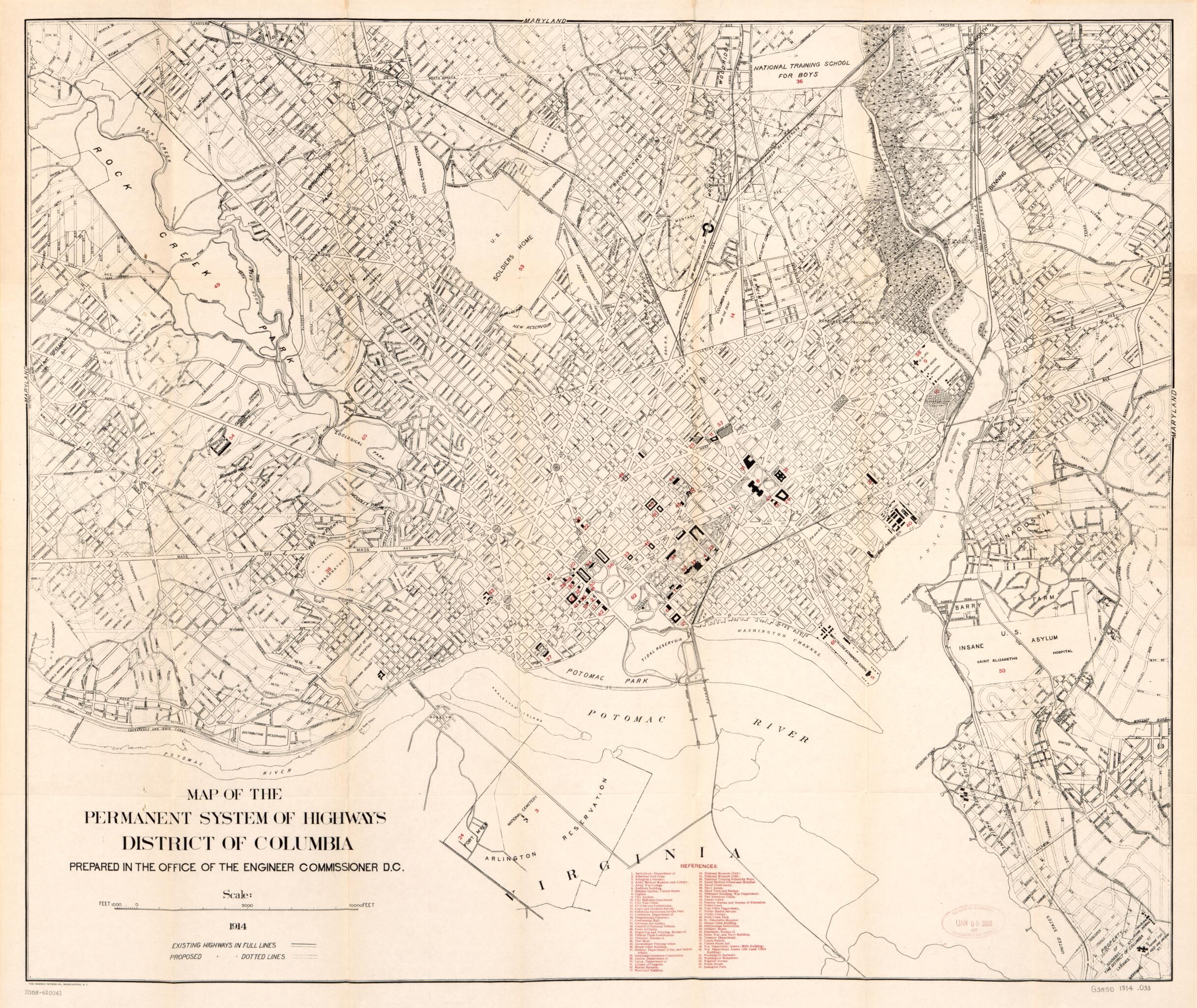 This old map of Map of the Permanent System of Highways, District of Columbia from 1914 was created by Norris Peters Co, Office of the Engineer Commissioner D.C. in 1914