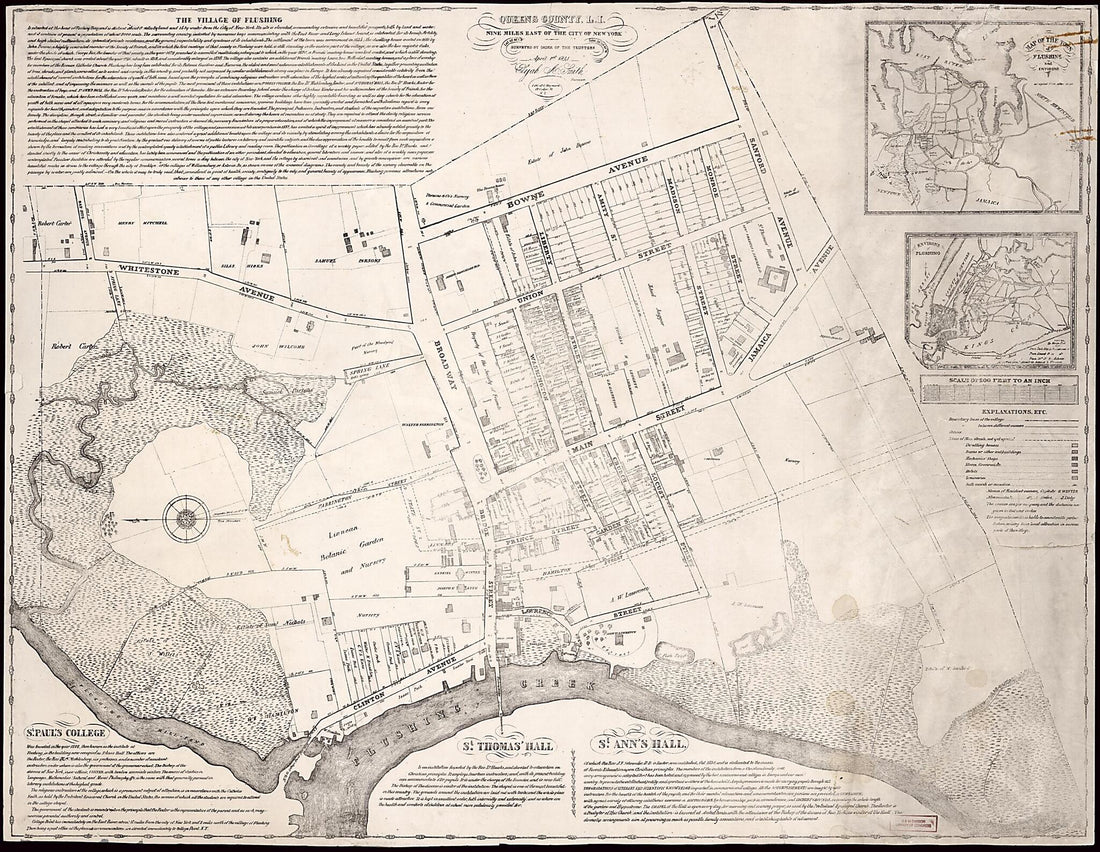 This old map of The Village of Flushing, Queens County, L.I. : Nine Miles East of the City of New York : Lat. 40° 45ʹ 1ʺN, Lon. 73° 09ʹ 58ʺW from 1841 was created by G. Hayward Lith, Elijah A. Smith in 1841