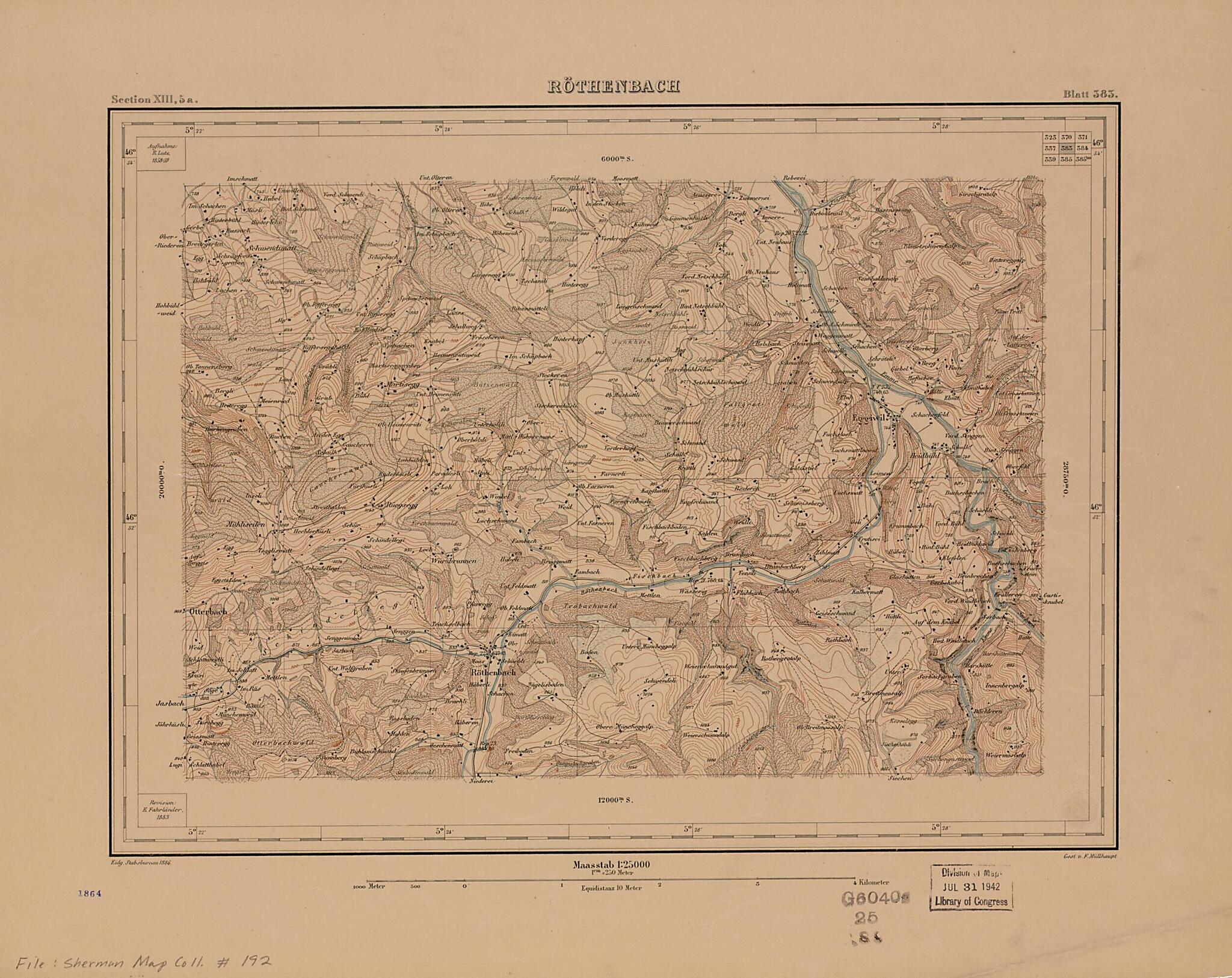 This old map of Röthenbach from 1886 was created by F. Müllhaupt, Switzerland. Eidg. Landestopographie in 1886