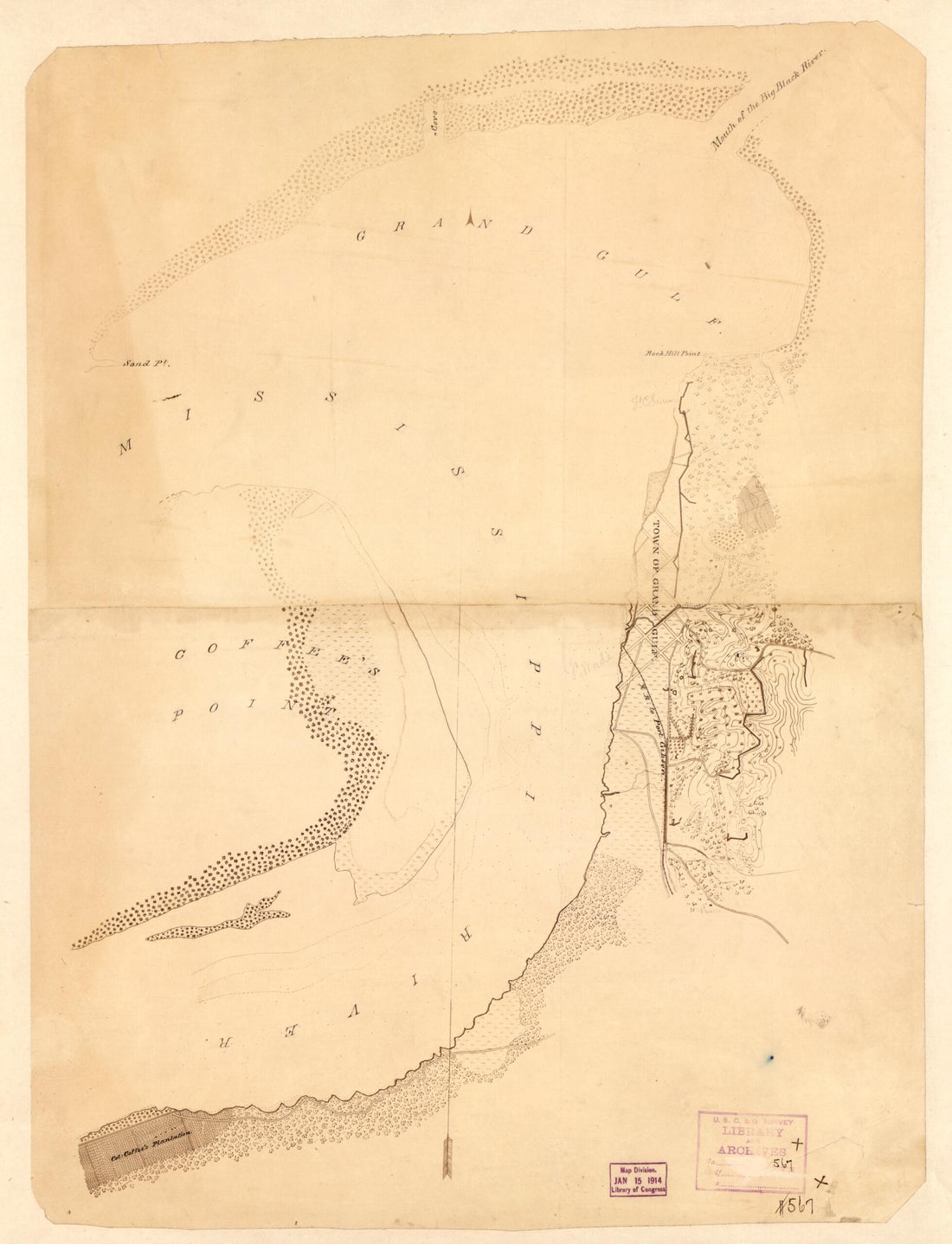 This old map of Approaches to Grand Gulf, Mississippi from 1864 was created by F. H. Gerdes in 1864