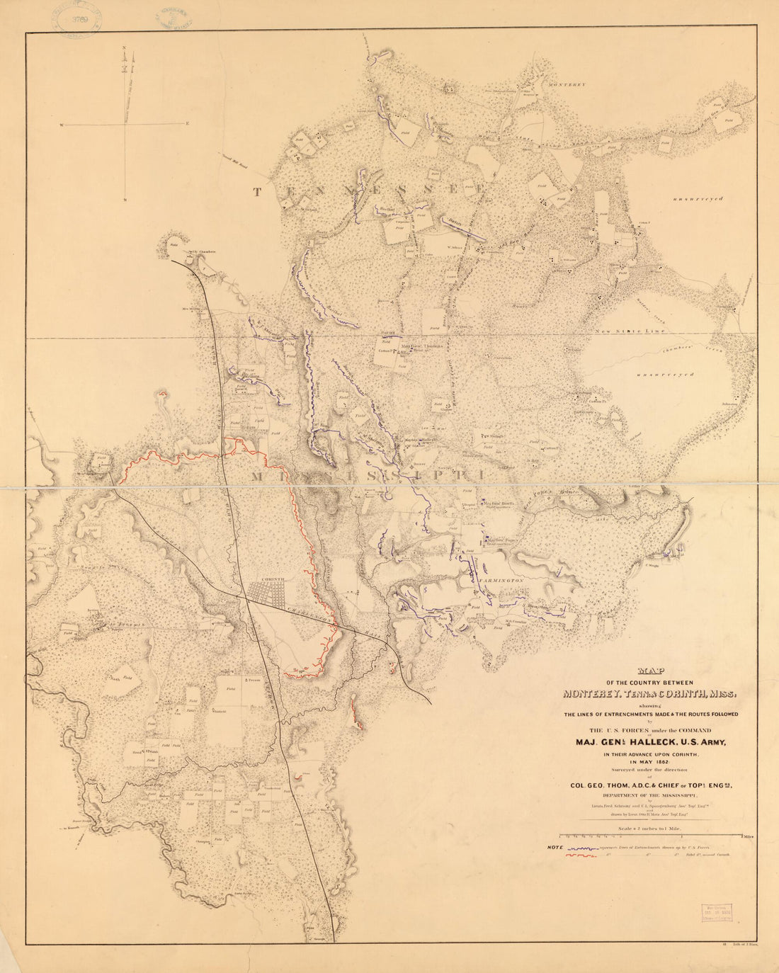 This old map of Map of the Country Between Monterey, Tenn: & Corinth, Miss: Showing the Lines of Entrenchments Made & the Routes Followed by the U.S. Forces Under the Command of Maj. Genl. Halleck, U.S. Army, In Their Advance Upon Corinth In May from 186