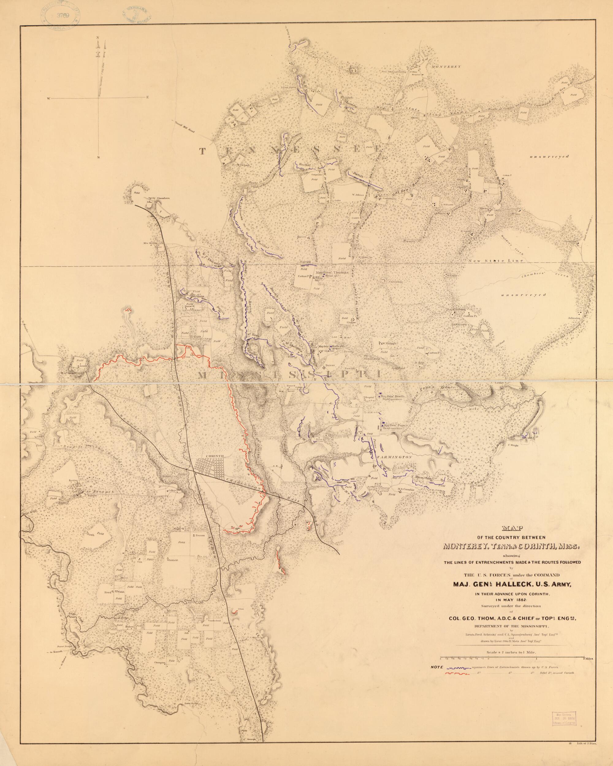 This old map of Map of the Country Between Monterey, Tenn: & Corinth, Miss: Showing the Lines of Entrenchments Made & the Routes Followed by the U.S. Forces Under the Command of Maj. Genl. Halleck, U.S. Army, In Their Advance Upon Corinth In May from 186