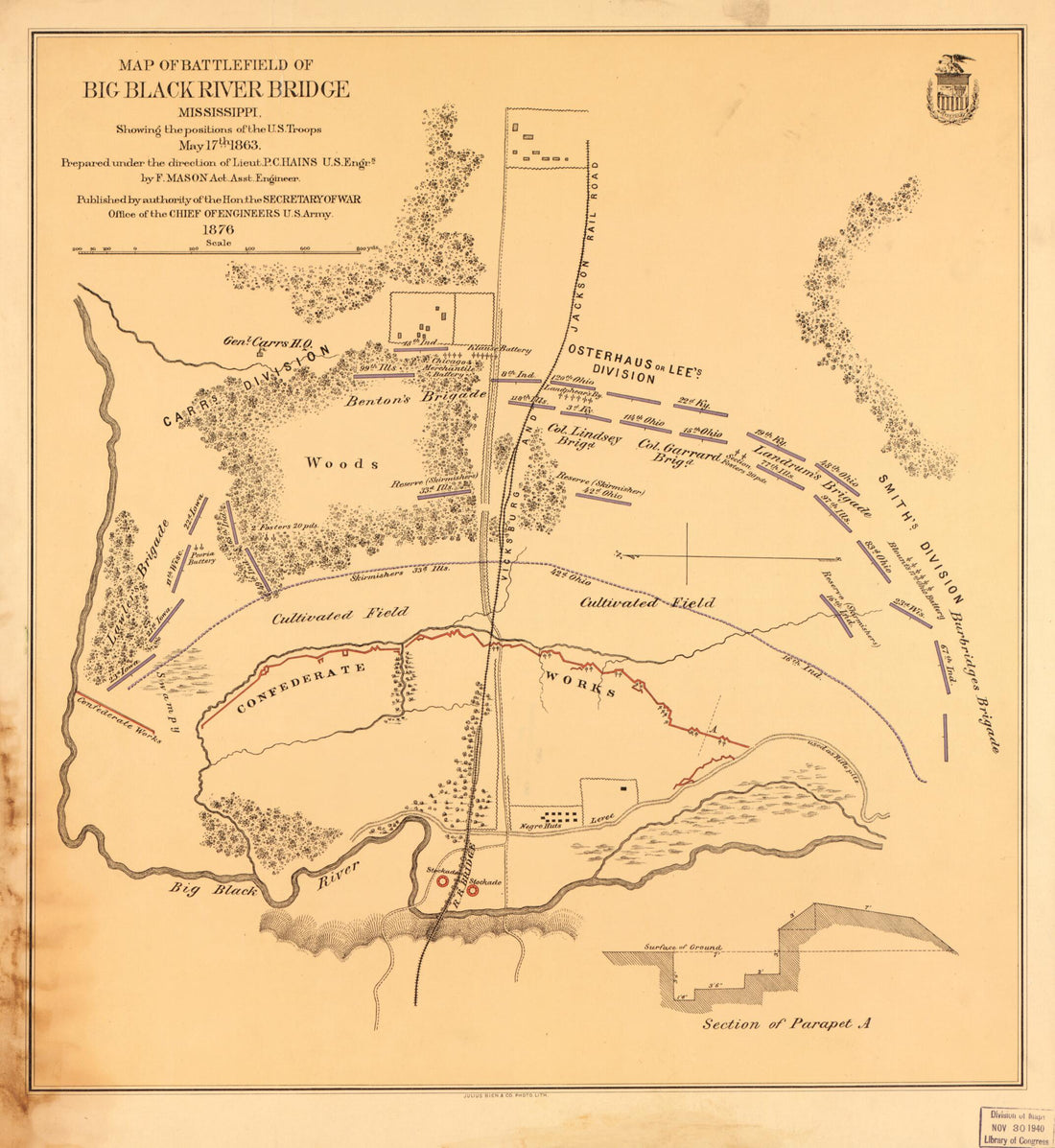 This old map of Map of Battlefield of Big Black River Bridge, Mississippi, Showing the Positions of the U.S. Troops, May 17th 1863 from 1876 was created by F. Mason, United States Army. Office of the Chief of Engineers in 1876