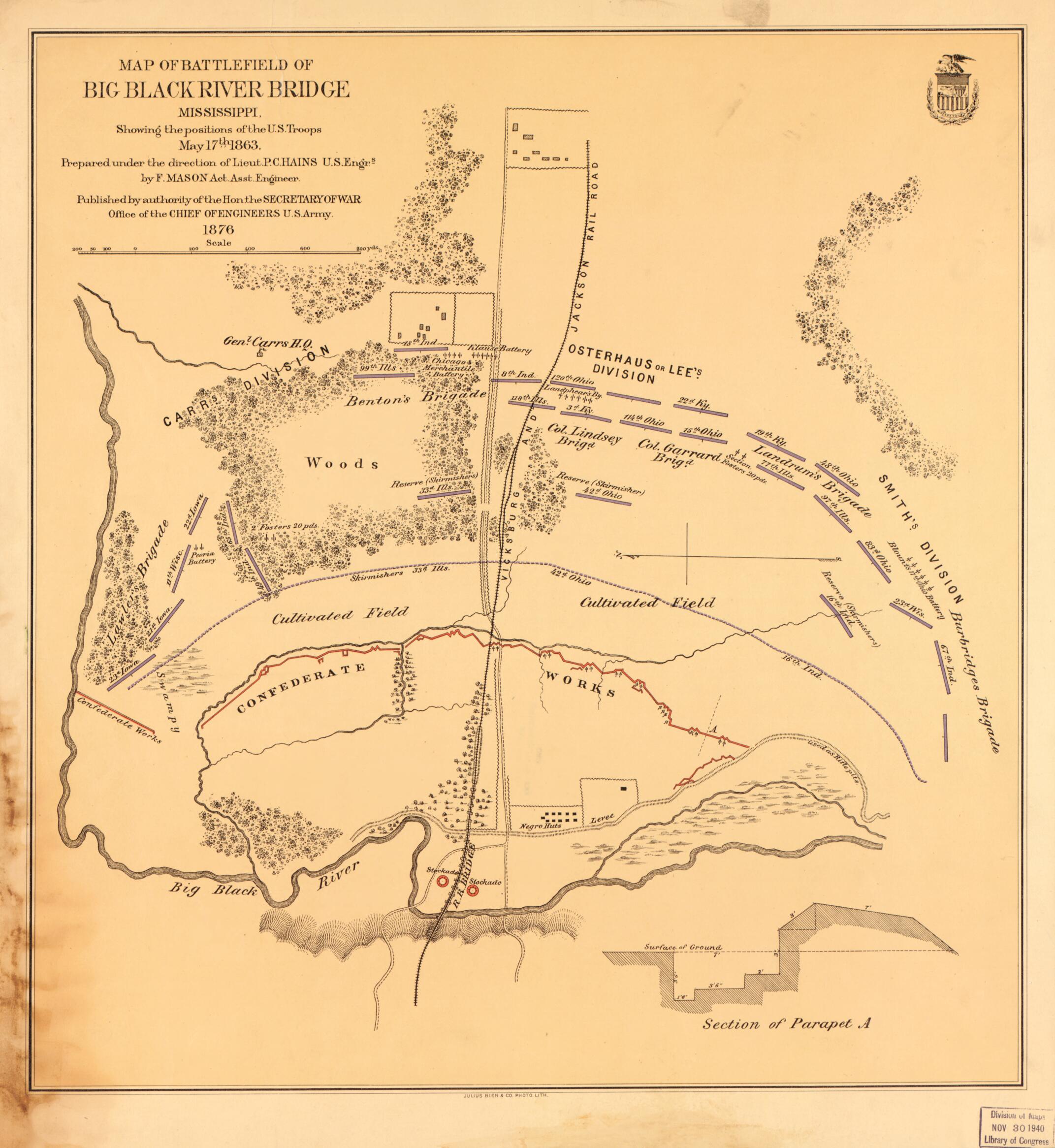 This old map of Map of Battlefield of Big Black River Bridge, Mississippi, Showing the Positions of the U.S. Troops, May 17th 1863 from 1876 was created by F. Mason, United States Army. Office of the Chief of Engineers in 1876