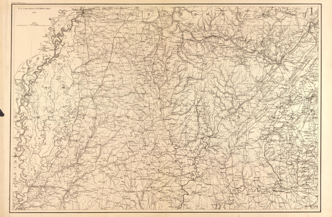 This old map of Northern Mississippi and Alabama from 1865 was created by A. Lindenkohl, United States Coast Survey in 1865