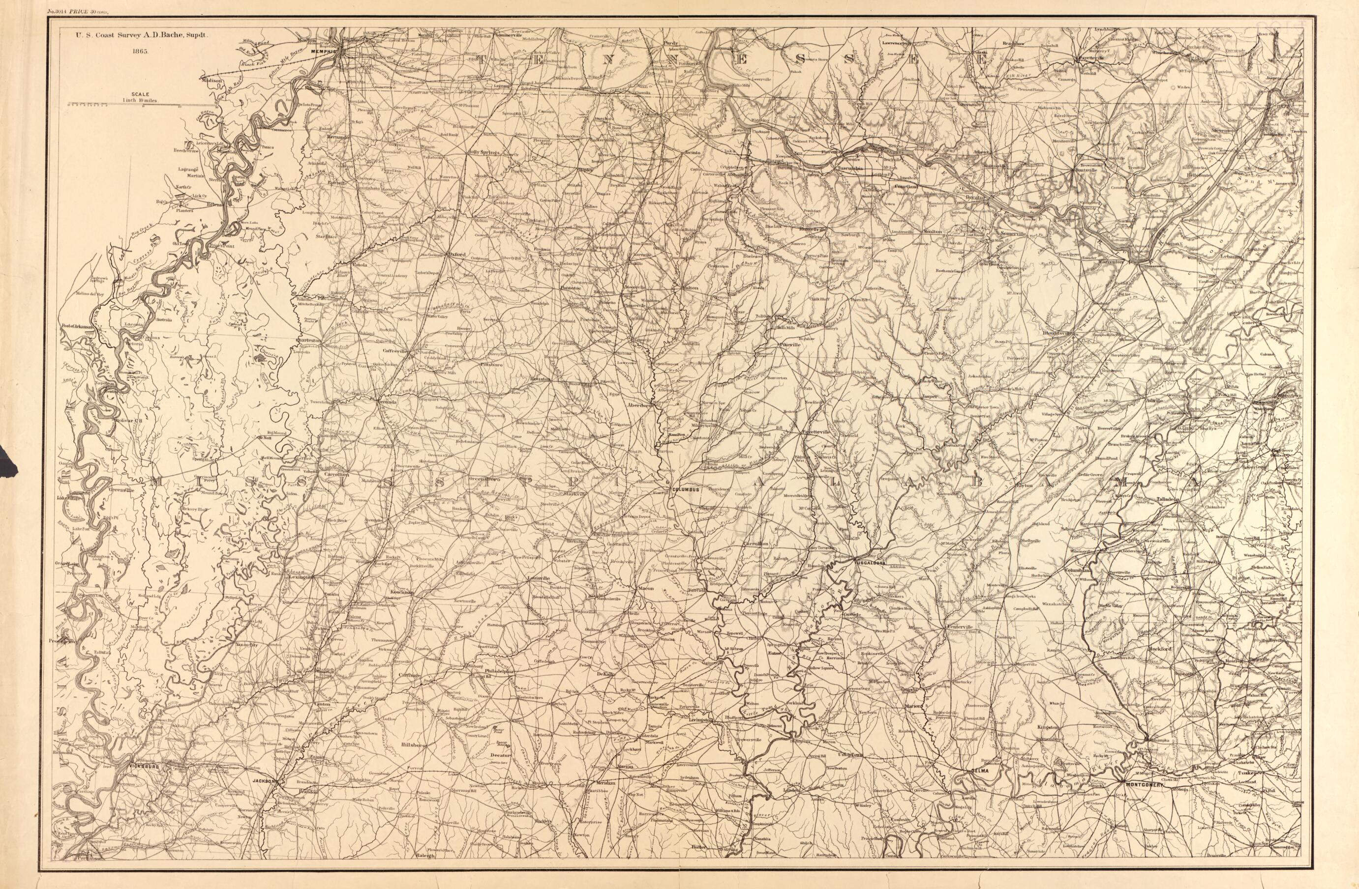 This old map of Northern Mississippi and Alabama from 1865 was created by A. Lindenkohl, United States Coast Survey in 1865