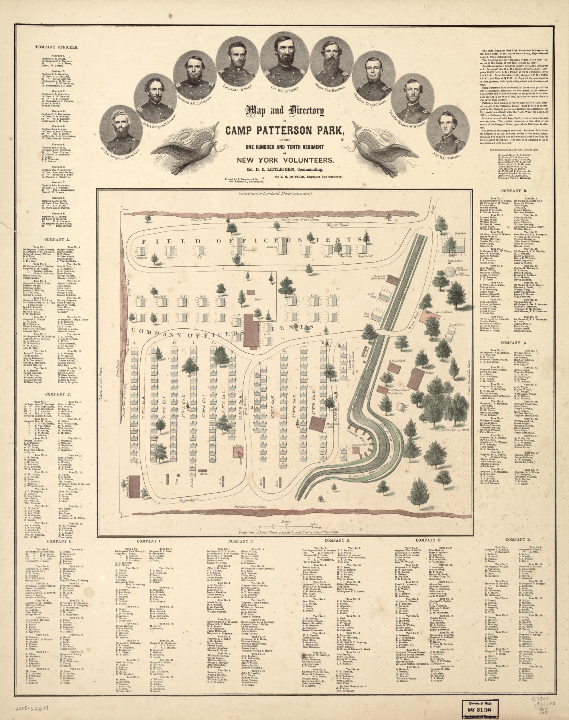 This old map of Map and Directory of Camp Patterson Park Baltimore, Maryland One Hundred and Tenth Regiment of New York Volunteers. Col. D. C. Littlejohn, Commanding from 1862 was created by J. B. Butler in 1862