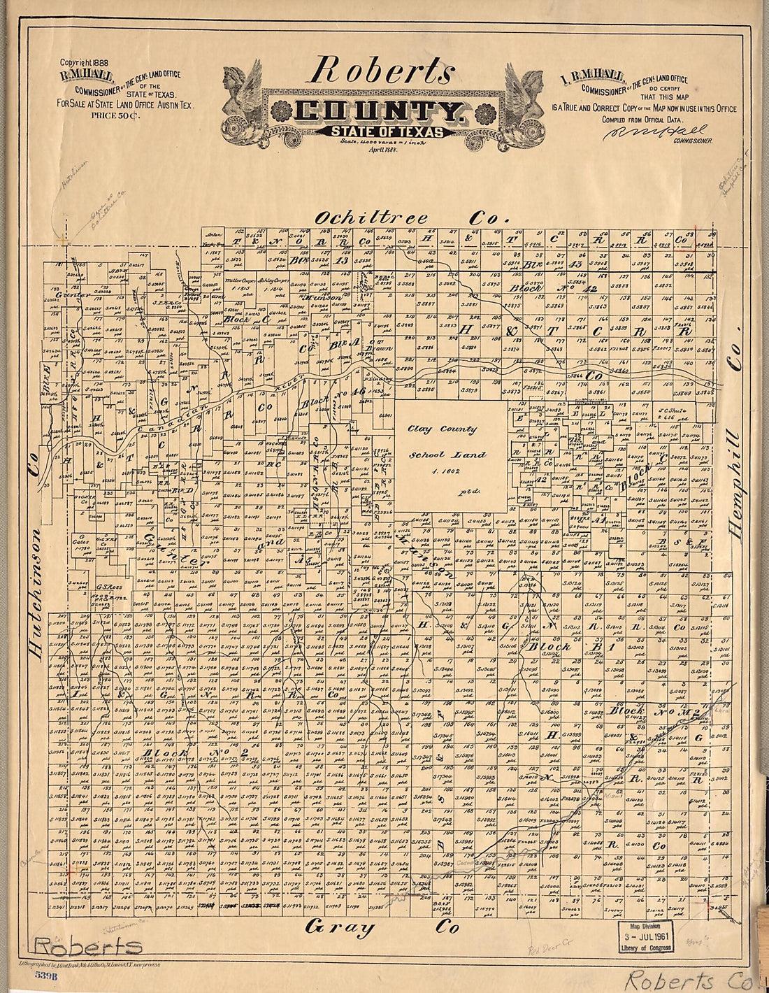 This old map of Roberts County, State of Texas from 1888 was created by in 1888
