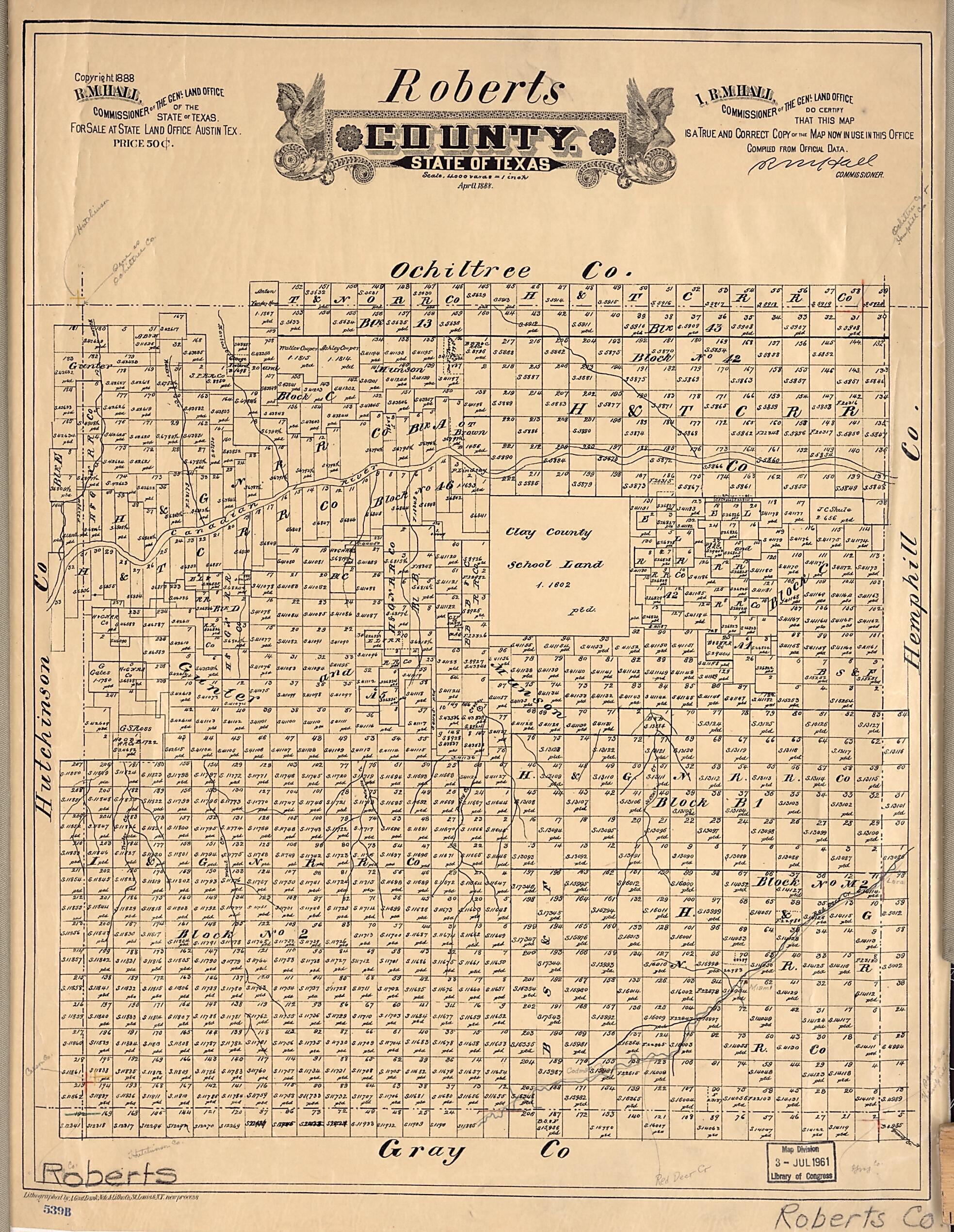 This old map of Roberts County, State of Texas from 1888 was created by in 1888