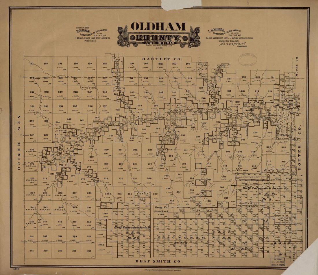 This old map of Oldham County, State of Texas from 1888 was created by in 1888