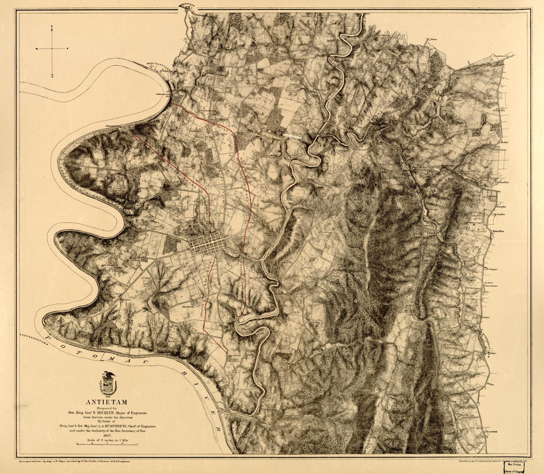 This old map of Antietam from 1867 was created by N. (Nathaniel) Michler in 1867