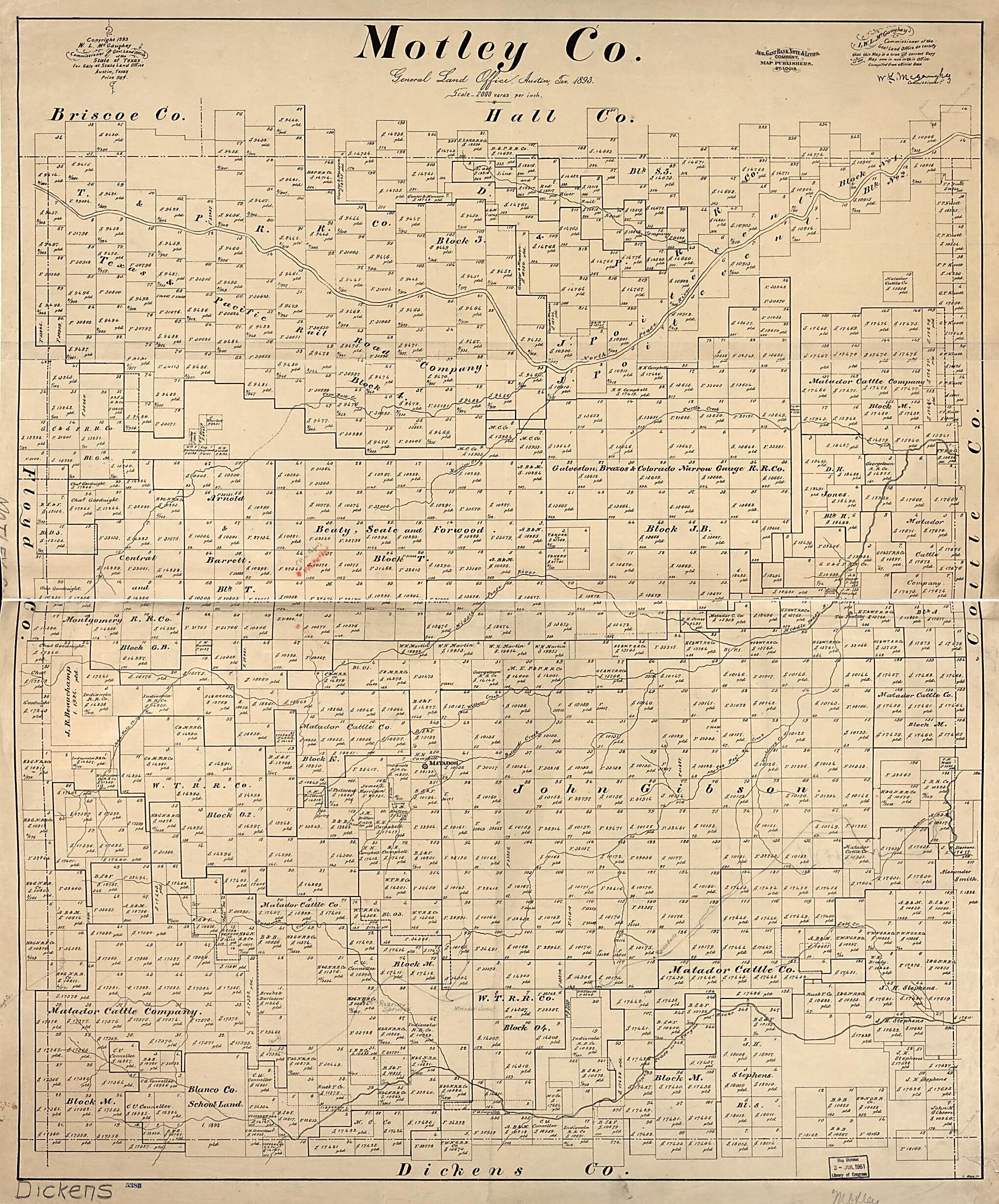 This old map of Motley Co from 1893 was created by Texas. General Land Office in 1893
