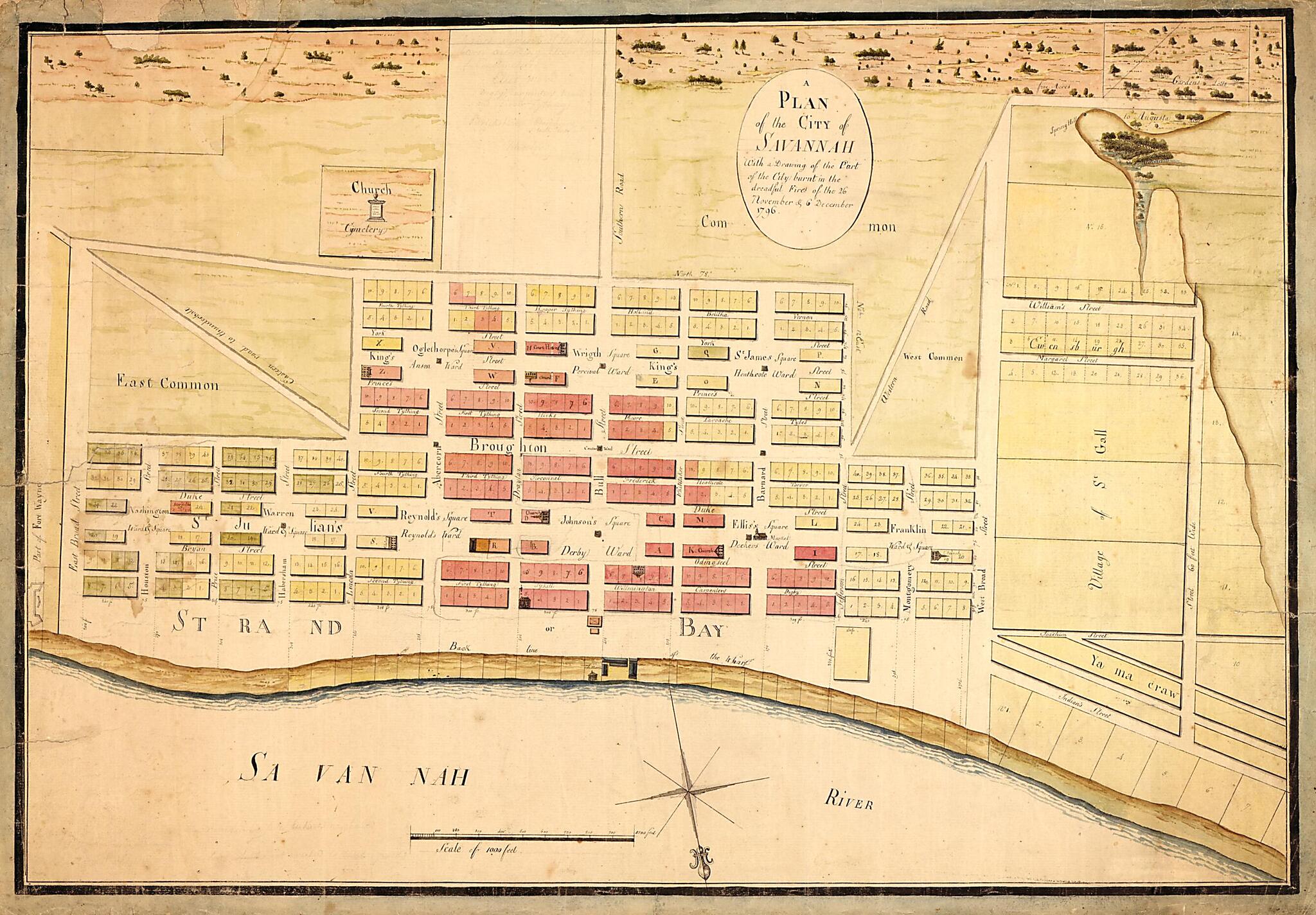 This old map of A Plan of the City of Savannah : With a Drawing of the Part of the City Burnt In the Dreadful Fires of the 26 November & 6 December, from 1796. (Map of Savannah After Fire from 1796) was created by Marian S. Carson Collection (Library of