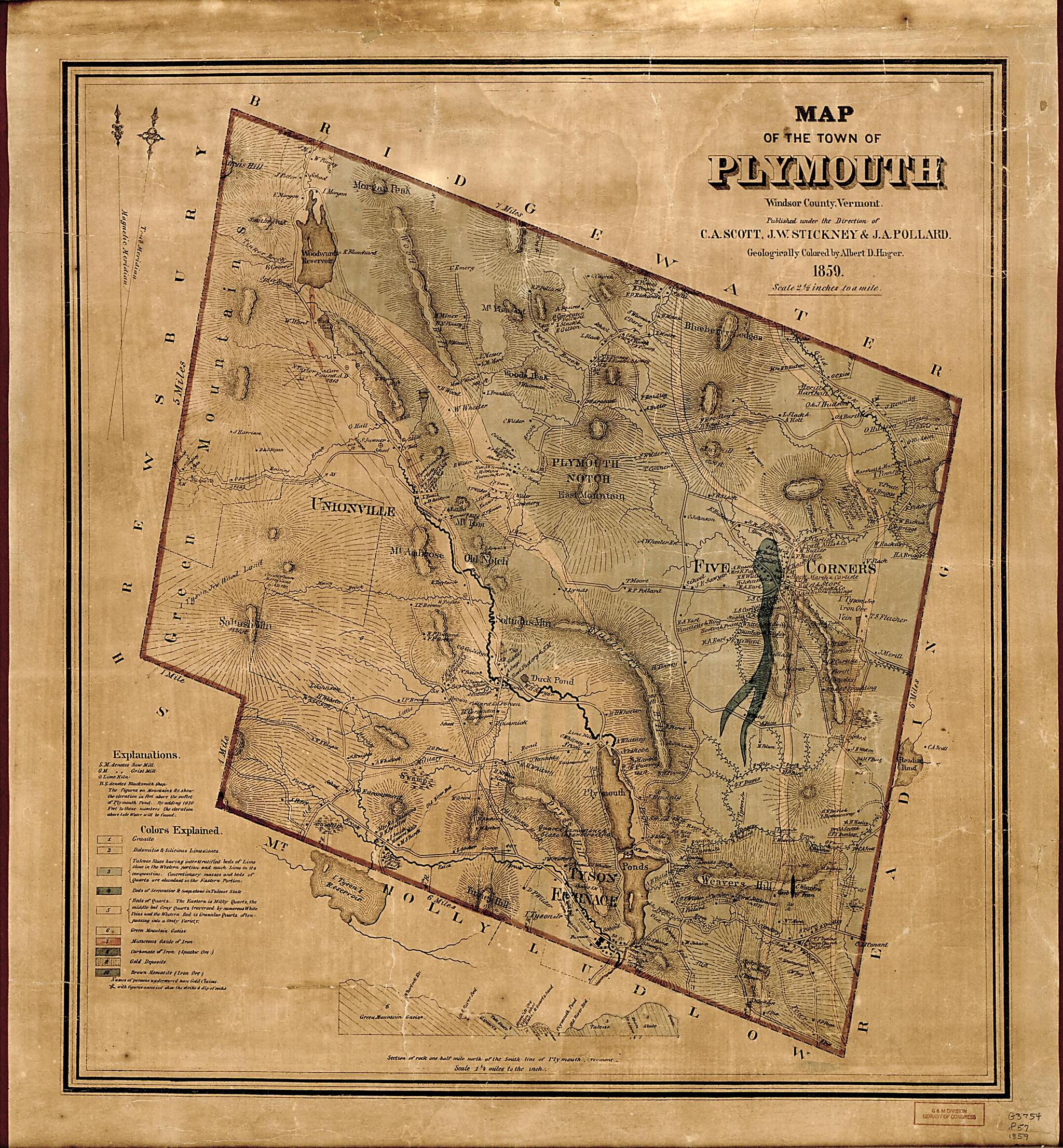 This old map of Map of the Town of Plymouth, Windsor County, Vermont from 1859 was created by J.W. Stickney & J.A. Pollard C.A. Scott, Albert D. (Albert David) Hager in 1859