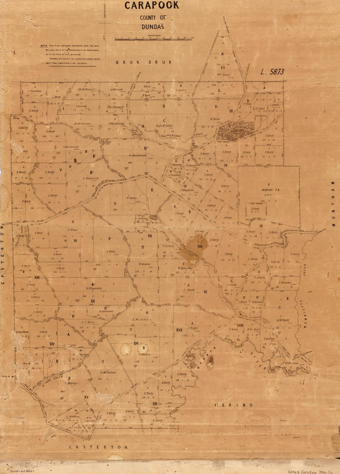 This old map of Carapook, County of Dundas : located In State of Victoria from 1886 was created by in 1886