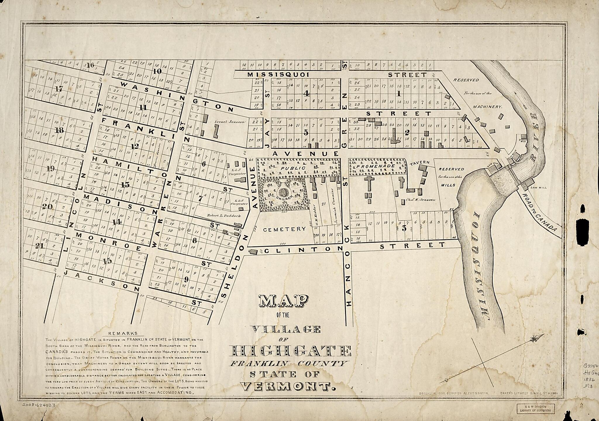 This old map of Map of the Village of Highgate, Franklin County, State of Vermont from 1836 was created by Baker&