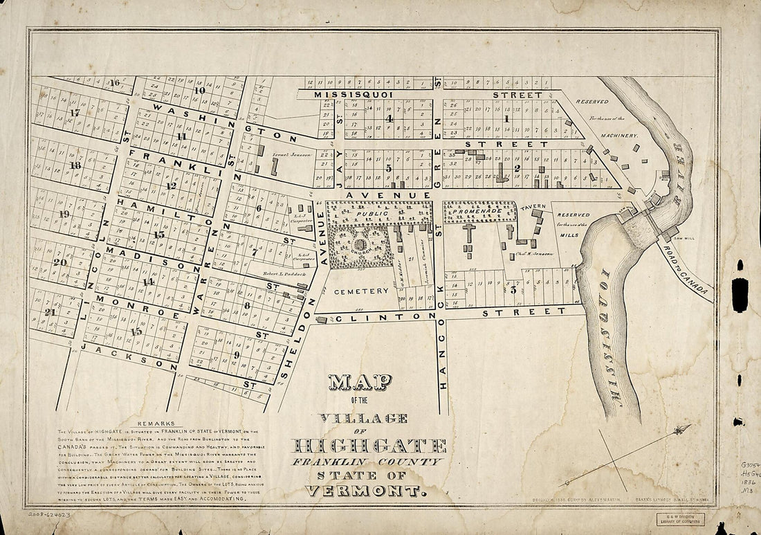 This old map of Map of the Village of Highgate, Franklin County, State of Vermont from 1836 was created by Baker&