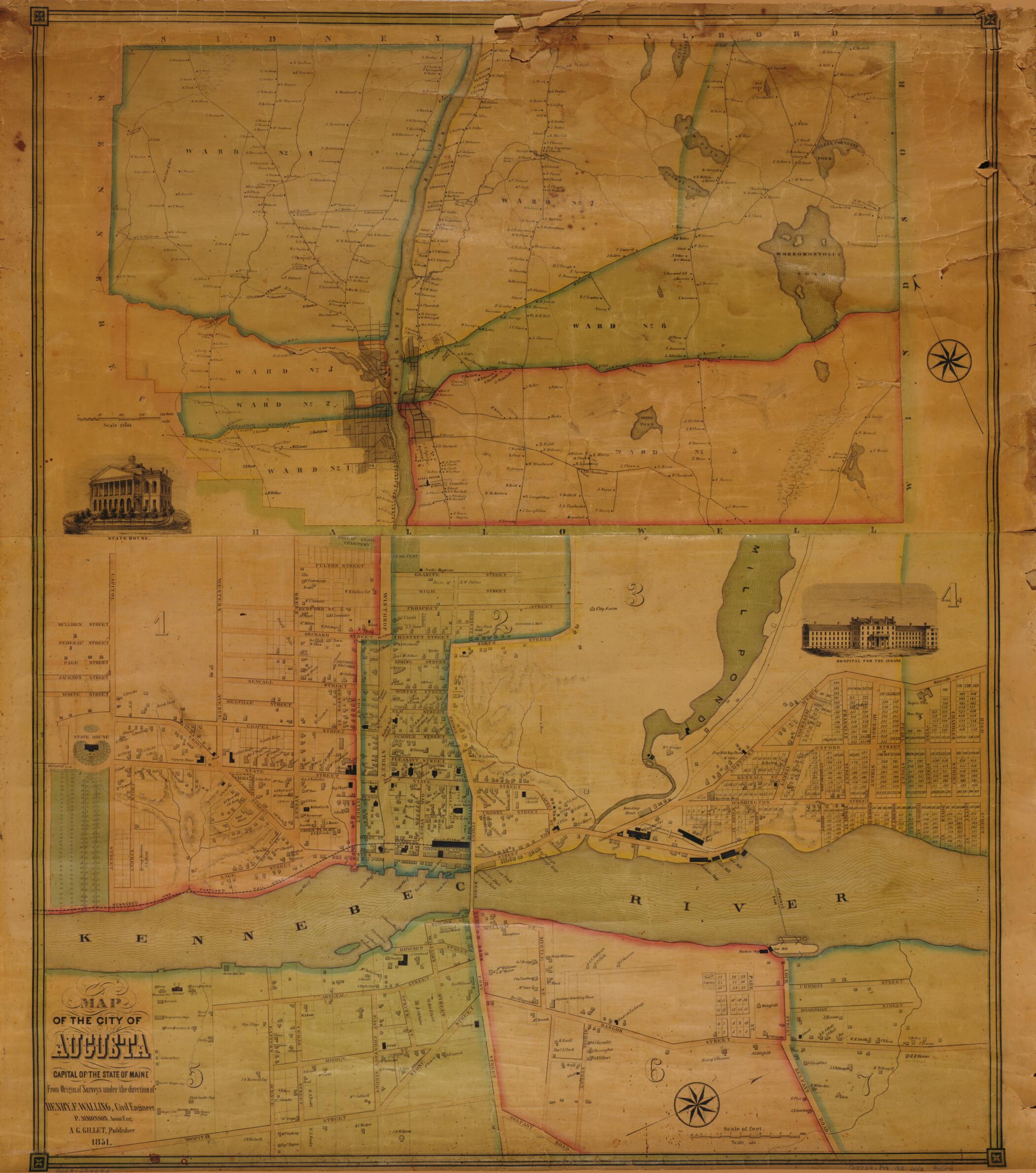 This old map of Map of the City of Augusta, Capital of the State of Maine from 1851 was created by A. G. Gillet, P. Simonson, Henry Francis Walling in 1851