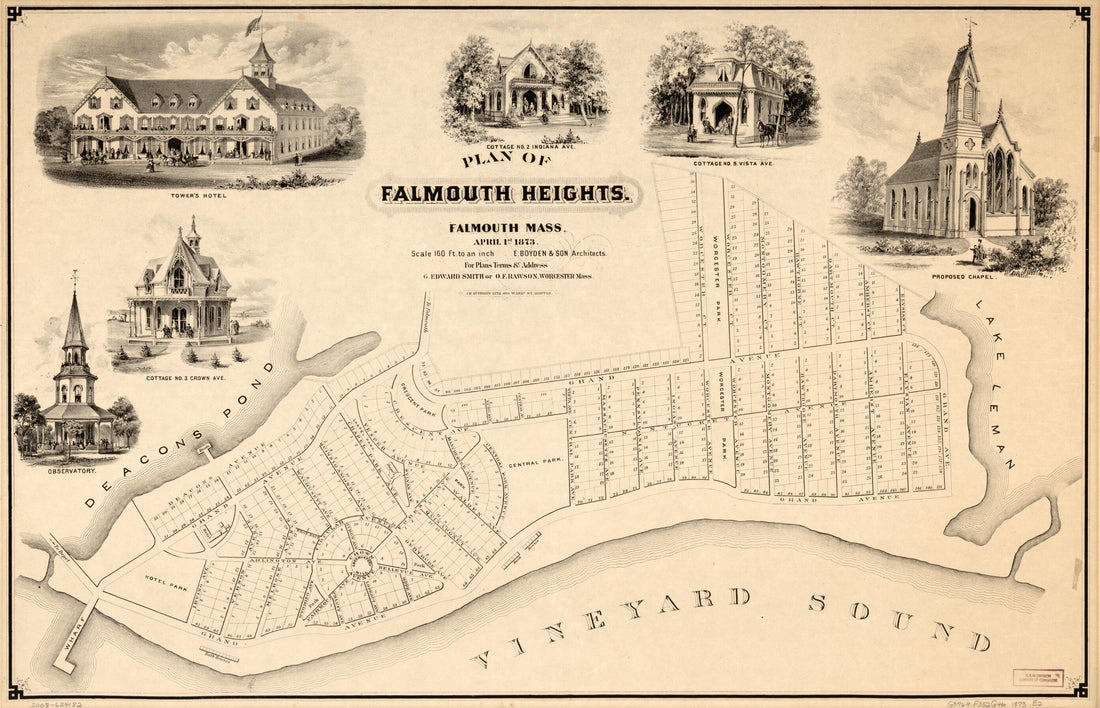 This old map of Plan of Falmouth Heights, Falmouth Massachusetts, April 1st from 1873 was created by E. Boyden & Son, J.H. Bufford&