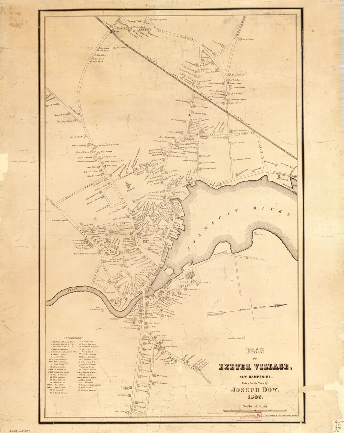 This old map of Plan of Exeter Village, New Hampshire from 1845 was created by Joseph Dow, J.H. Bufford & Co in 1845