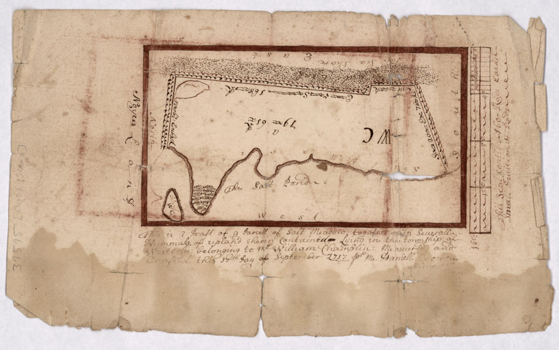 This old map of This Is a Draft of a Parcell i.e. Parcel of Salt Meadow Together With Severall i.e. Several Hummuks i.e. Hummocks of Upland Therein Contained Lying In the Township of Westerly Belonging to Mr. William Champlin : Measured and Drafted This