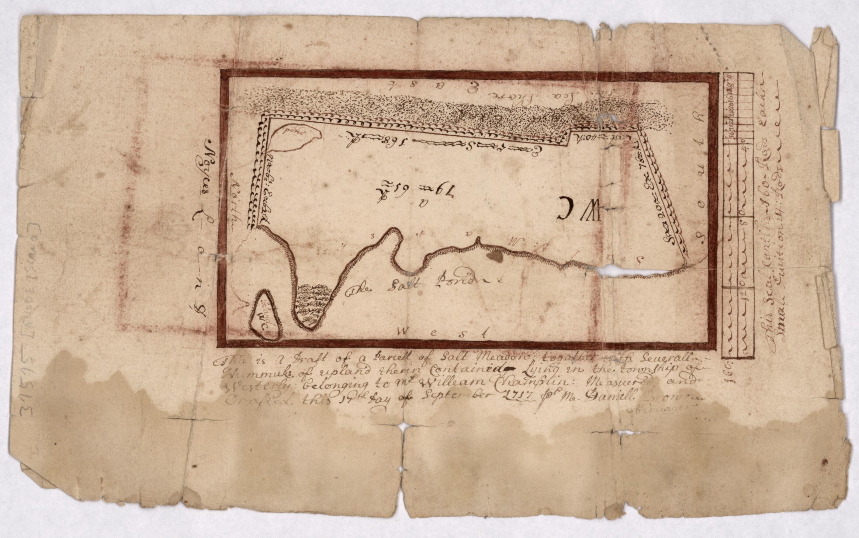 This old map of This Is a Draft of a Parcell i.e. Parcel of Salt Meadow Together With Severall i.e. Several Hummuks i.e. Hummocks of Upland Therein Contained Lying In the Township of Westerly Belonging to Mr. William Champlin : Measured and Drafted This