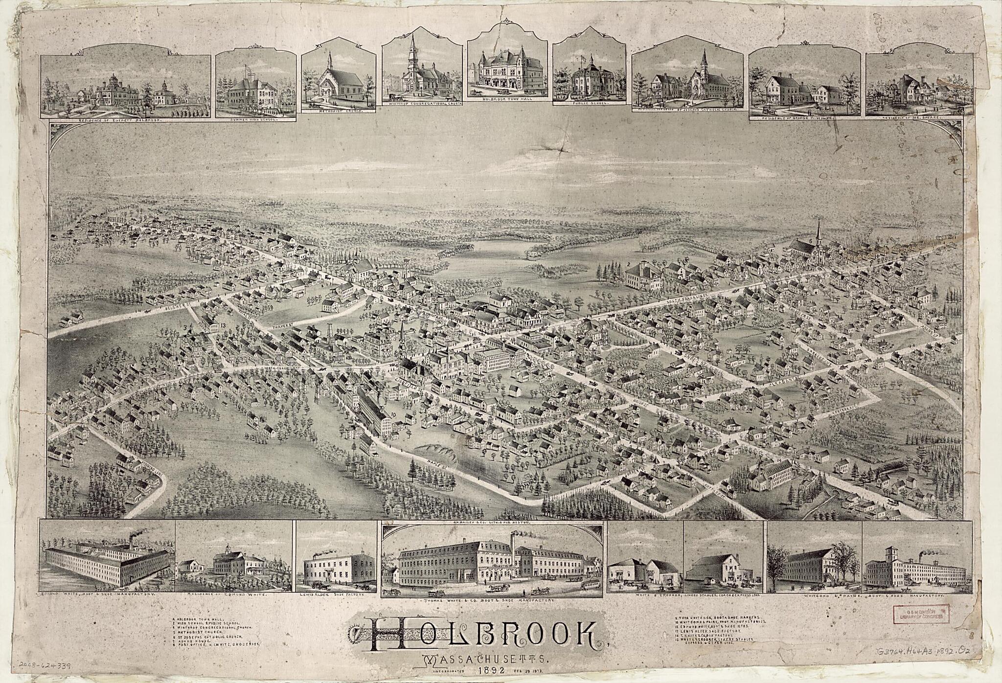 This old map of Holbrook, Massachusetts, from 1892 : Incorporated Feb. 29, 1872 was created by O.H. Bailey & Co in 1892