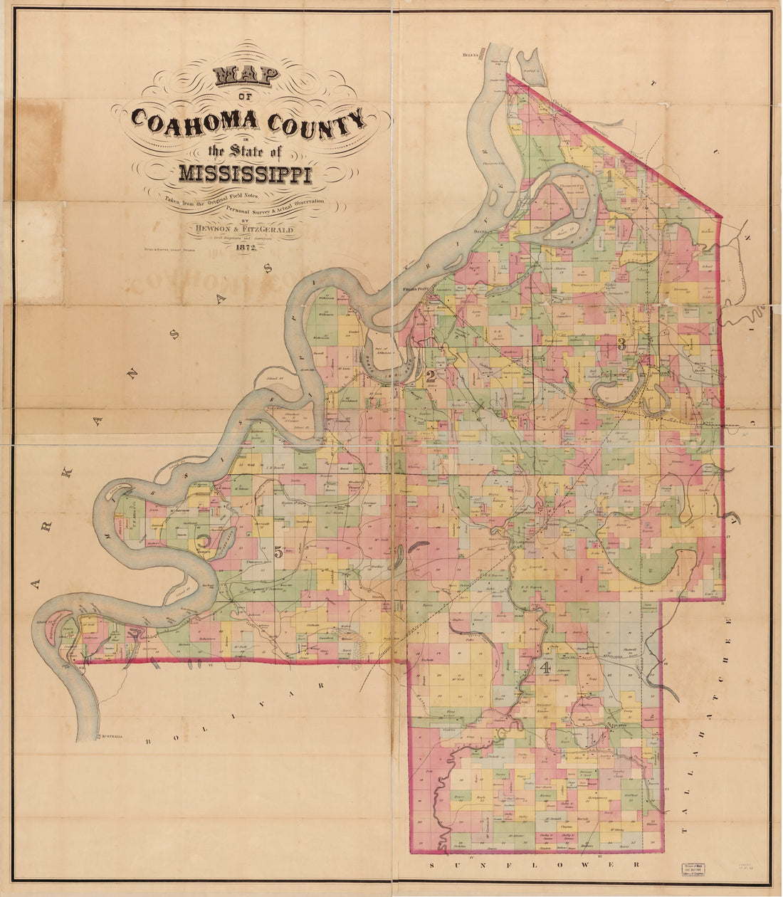 This old map of Map of Coahoma County In the State of Mississippi : Taken from the Original Field Notes, Personal Survey & Actual Observations from 1872 was created by Henson & Fitzgerald in 1872