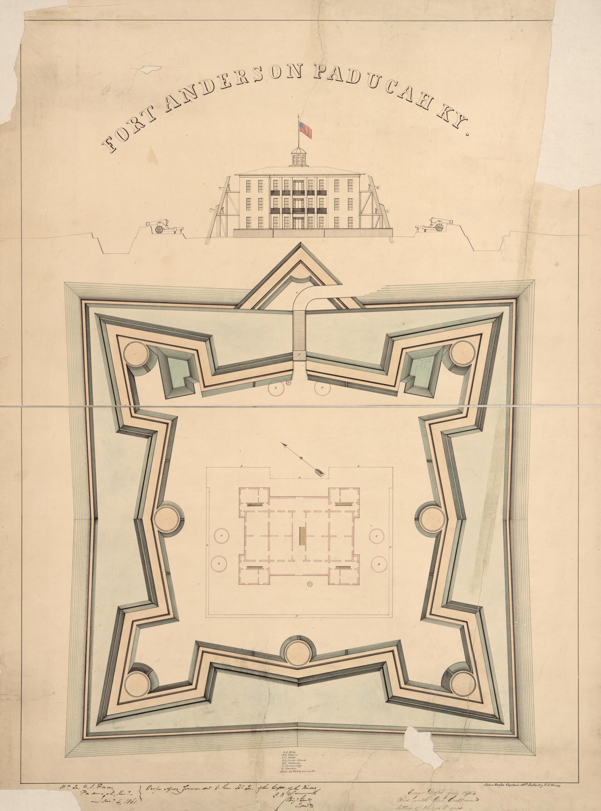 This old map of Fort Anderson, Paducah, Ky. (Fort Anderson, Paducah, Kentucky) from 1861 was created by John Rziha in 1861