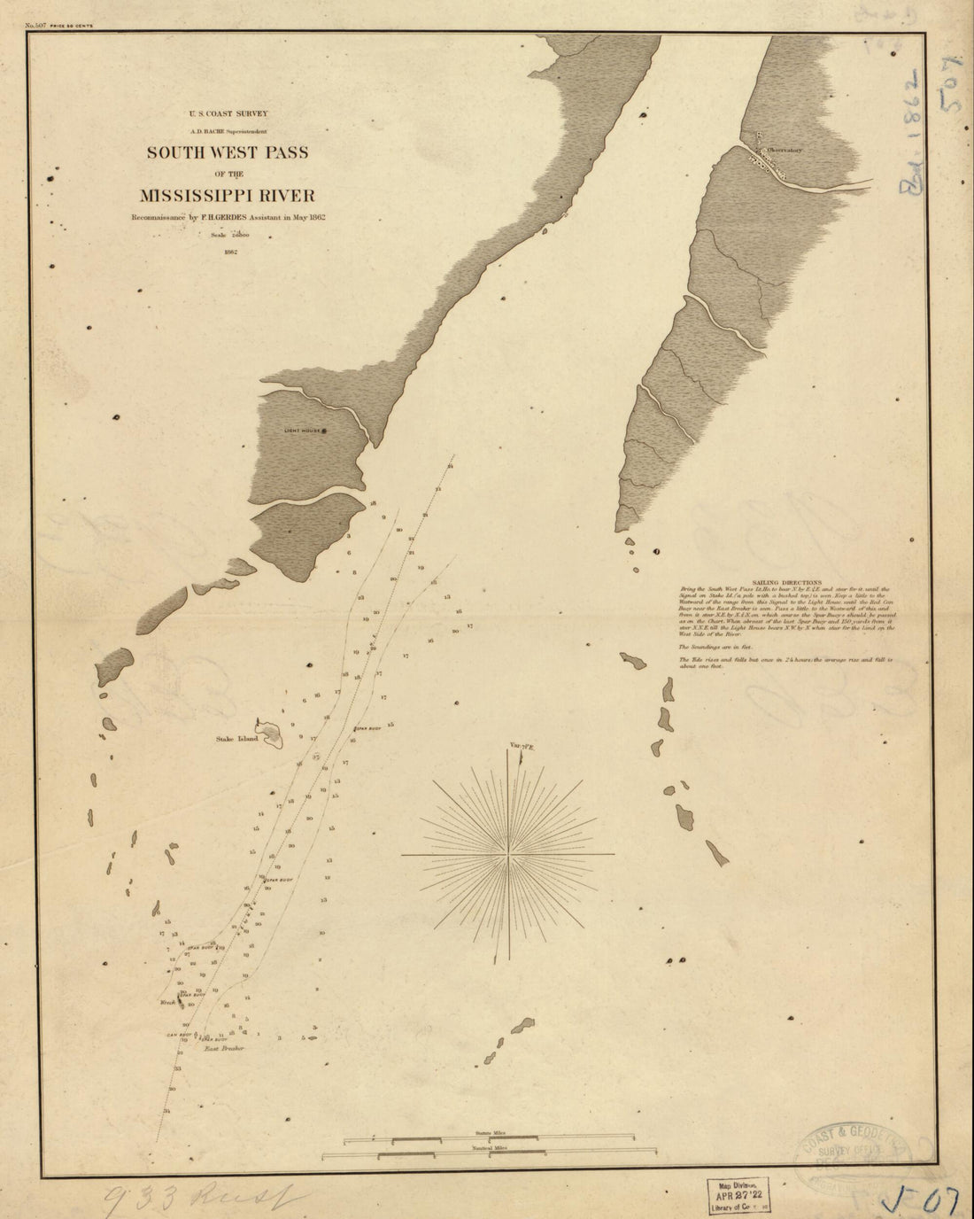 This old map of South West Pass of the Mississippi River from 1862 was created by A. D. (Alexander Dallas) Bache, F. H. Gerdes, United States Coast Survey in 1862