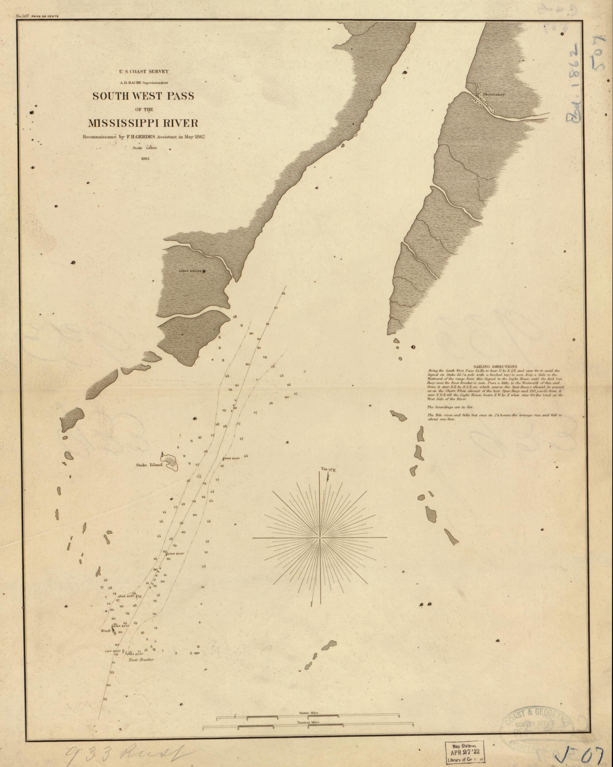 This old map of South West Pass of the Mississippi River from 1862 was created by A. D. (Alexander Dallas) Bache, F. H. Gerdes, United States Coast Survey in 1862