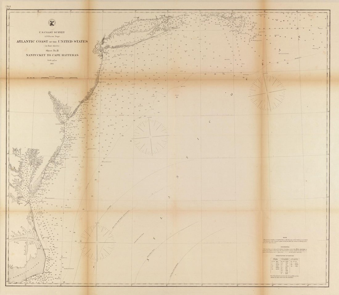 This old map of Atlantic Coast of the United States (in Four Sheets) : Sheet No. II, Nantucket to Cape Hatteras from 1863 was created by A. D. (Alexander Dallas) Bache,  United States Coast Survey in 1863