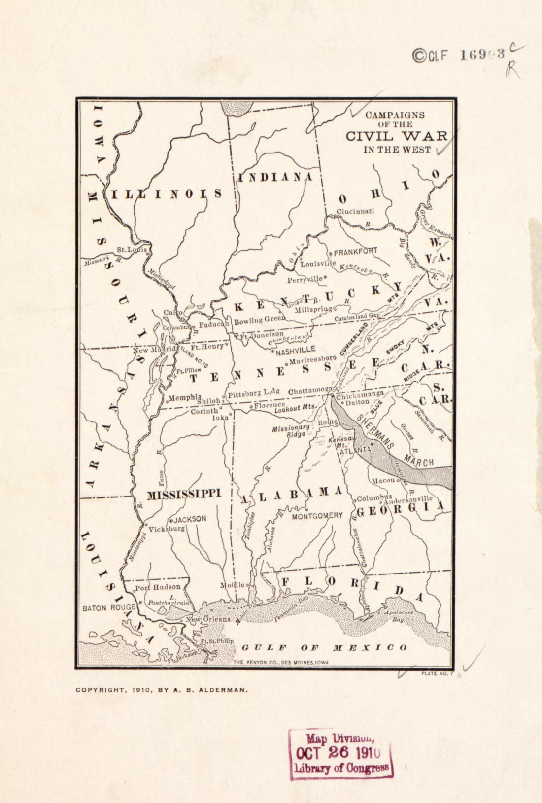 This old map of Campaigns of the Civil War In the West from 1865 was created by Kenyon Company in 1865