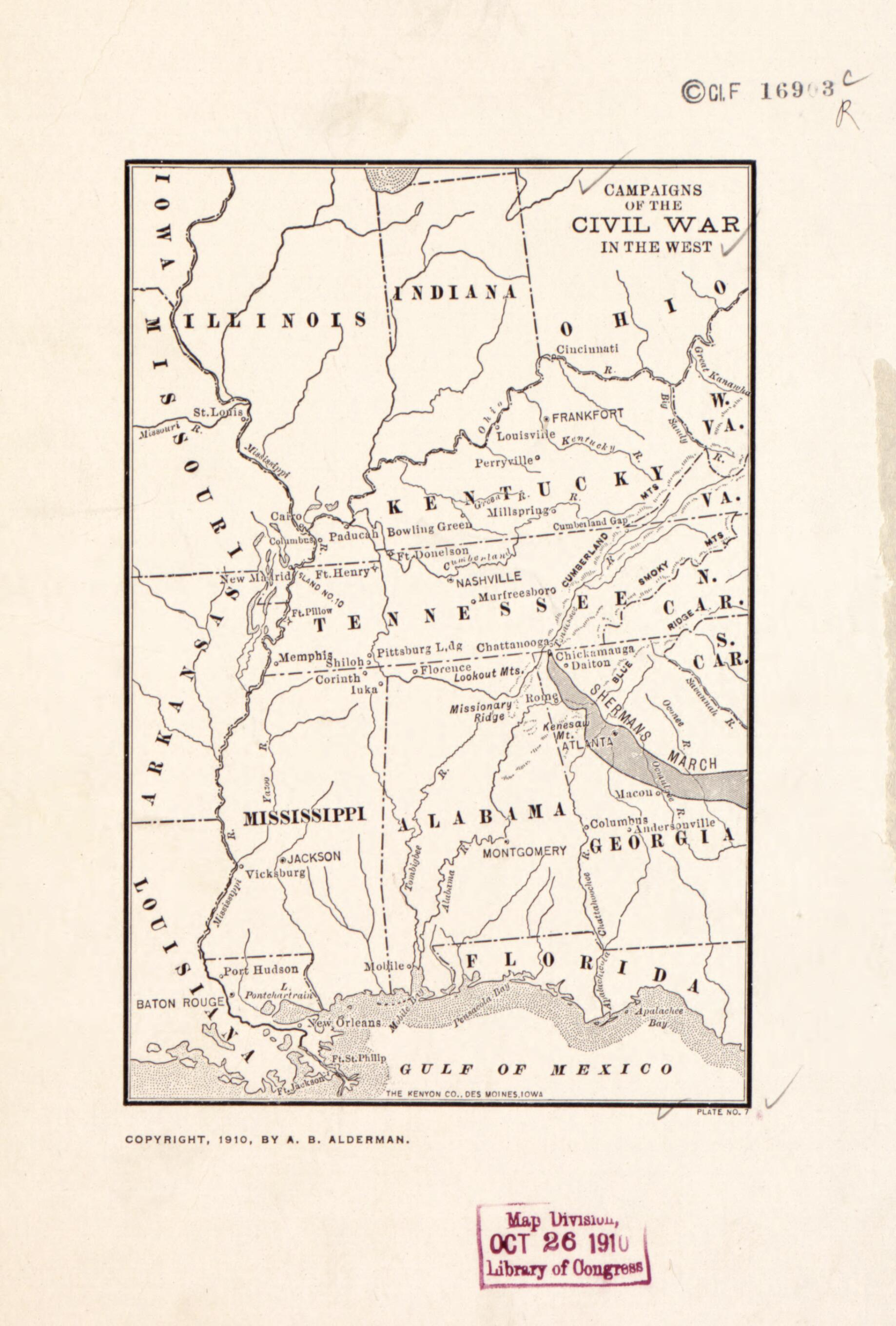 This old map of Campaigns of the Civil War In the West from 1865 was created by Kenyon Company in 1865