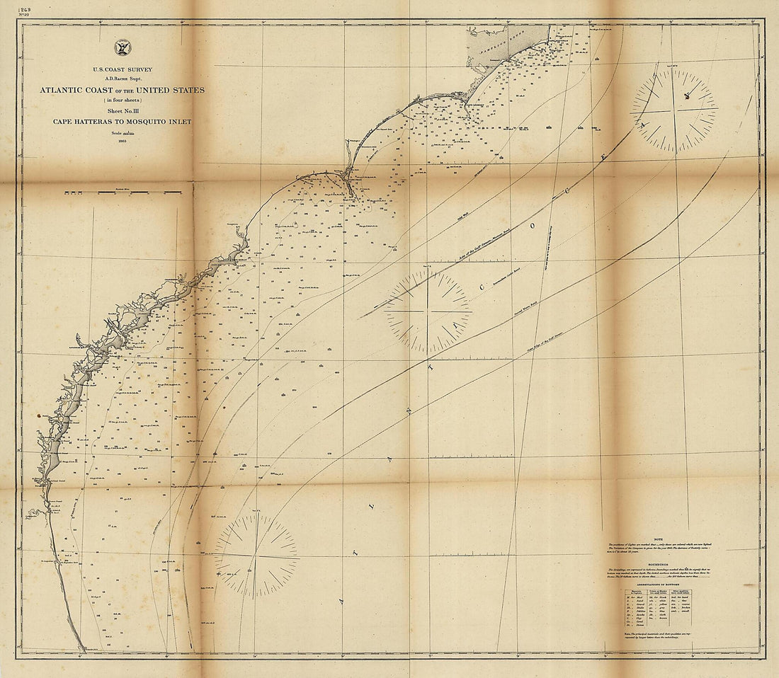 This old map of Atlantic Coast of the United States (in Four Sheets) : Sheet No. III, Cape Hatteras to Mosquito Inlet from 1863 was created by A. D. (Alexander Dallas) Bache, United States Coast Survey in 1863