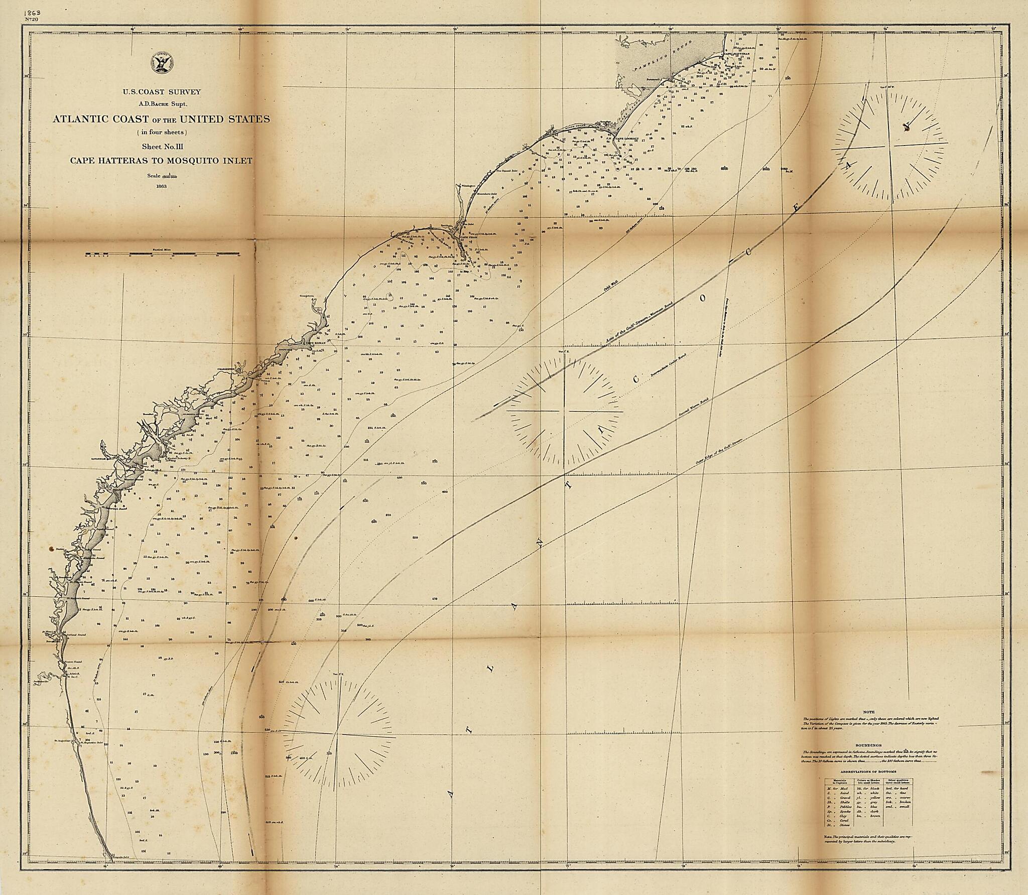 This old map of Atlantic Coast of the United States (in Four Sheets) : Sheet No. III, Cape Hatteras to Mosquito Inlet from 1863 was created by A. D. (Alexander Dallas) Bache, United States Coast Survey in 1863